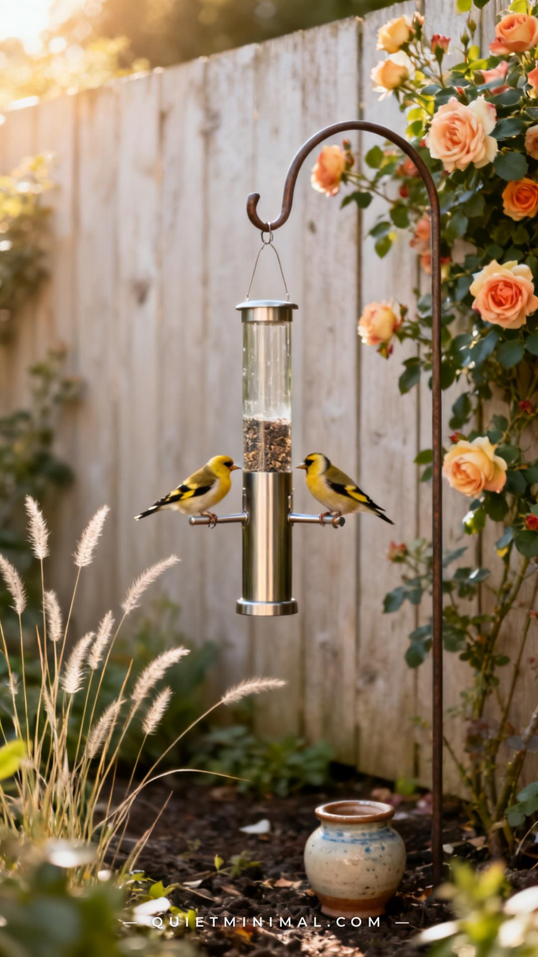 A vertical photograph captures a full view of a slender glass and brushed metal tube bird feeder hanging from a curved s