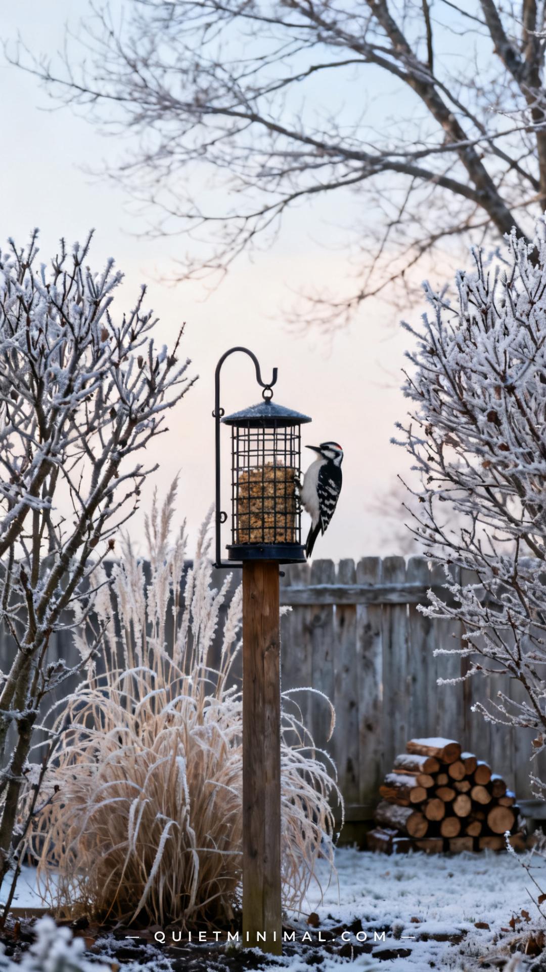 A vertical photograph captures a wide view of a garden fence corner in winter
