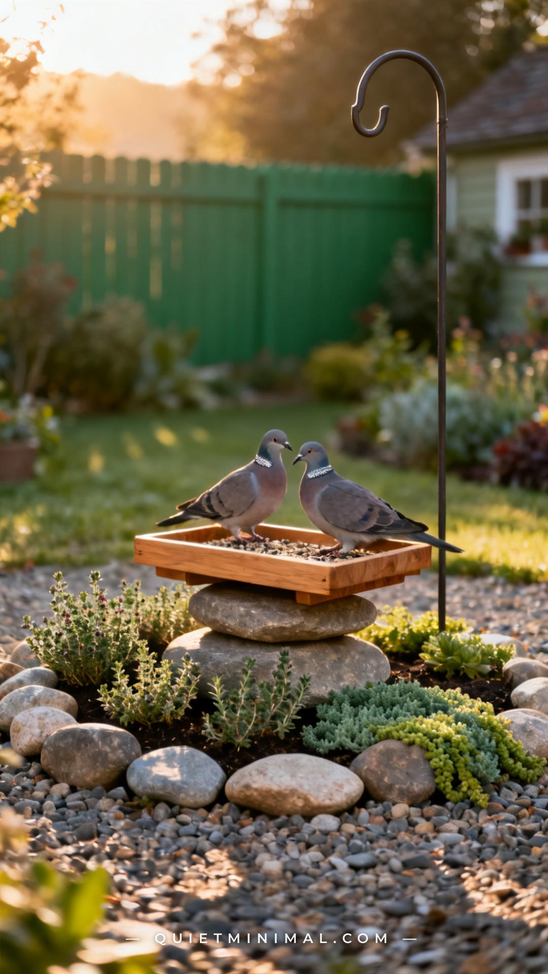 A vertical photograph captures a wide garden corner shot showing a low-profile wooden platform tray feeder resting on tw