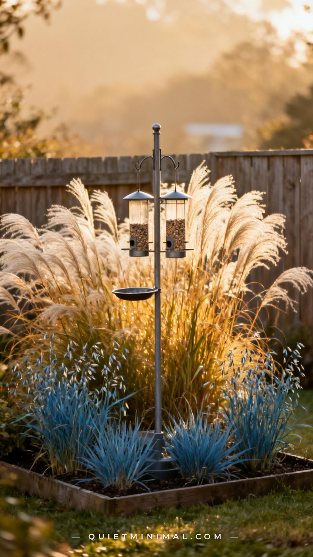 A vertical photograph captures a full garden corner scene with a metal bird feeding station pole rising from a planting