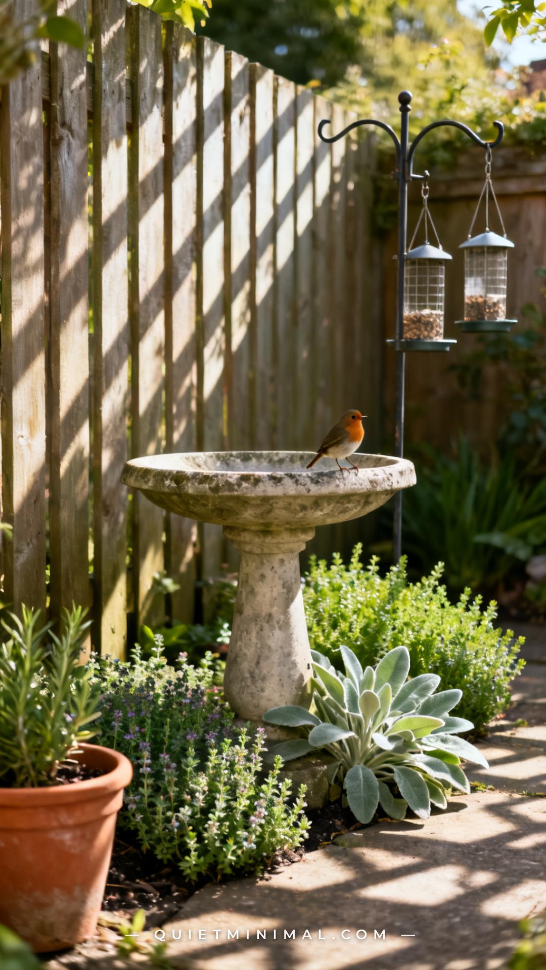 A vertical photograph captures a full garden corner showing a simple pedestal birdbath in aged concrete positioned besid