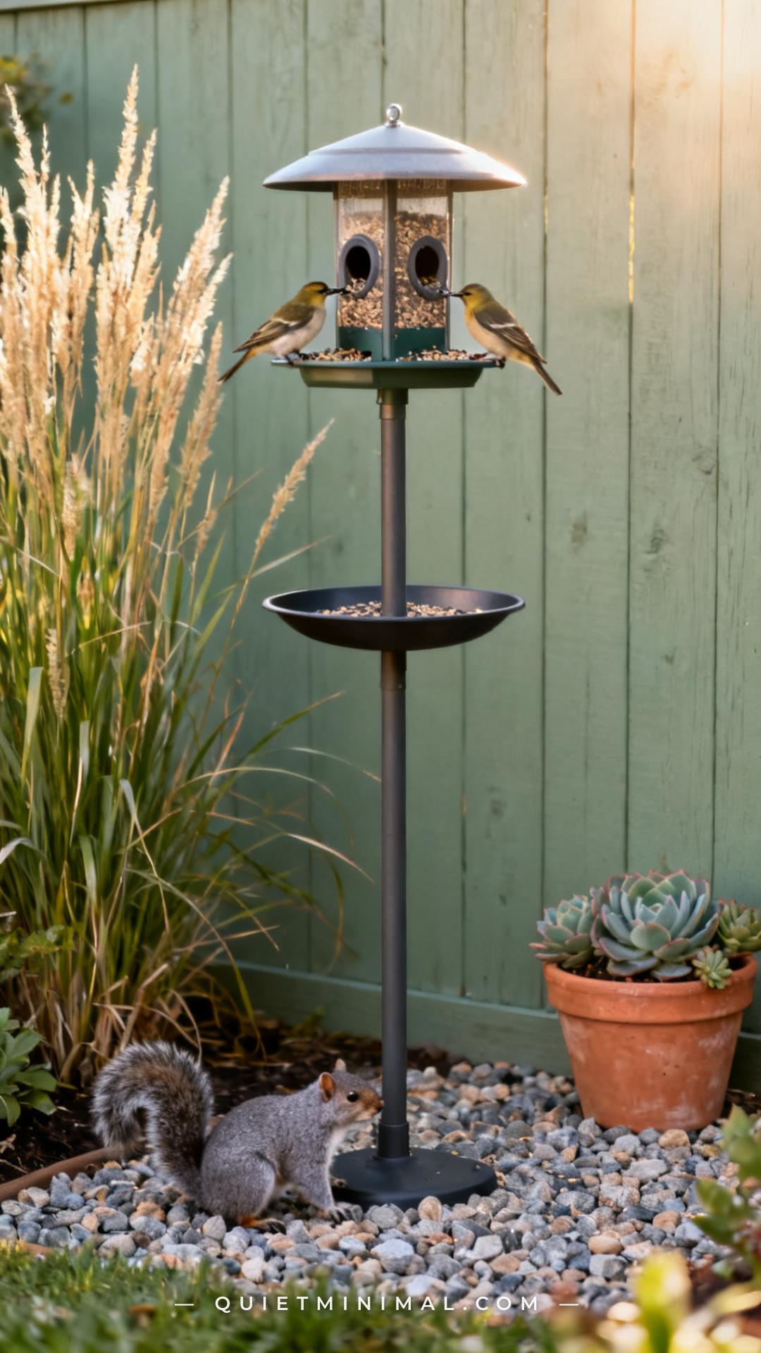 A vertical photograph captures a wide garden corner showing a weight-activated squirrel-resistant bird feeder mounted on