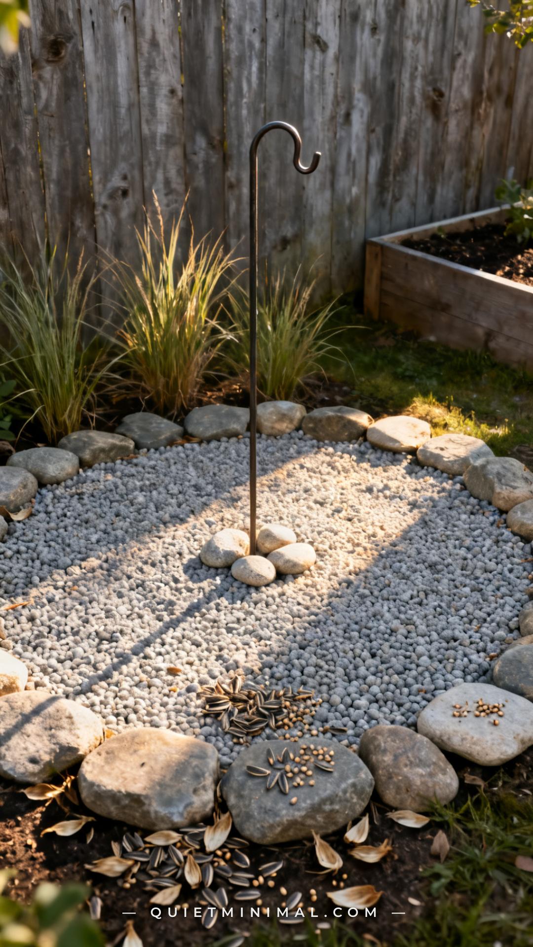 A vertical photograph captures a wide view of a bird feeder station base showing a neatly edged circular gravel bed appr