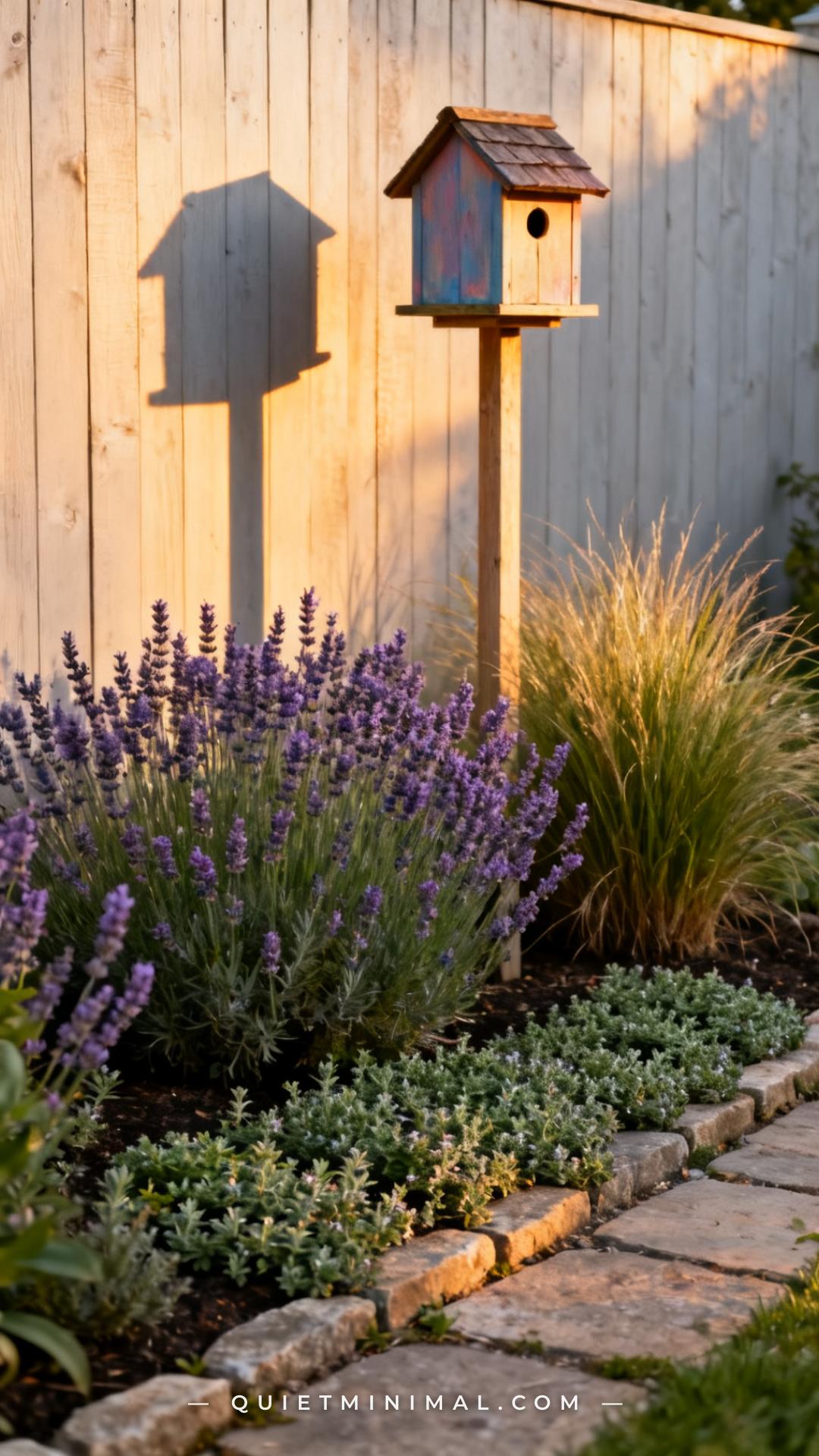 A wide-angle vertical photograph captures a full garden corner scene where a classic painted wooden birdhouse is mounted