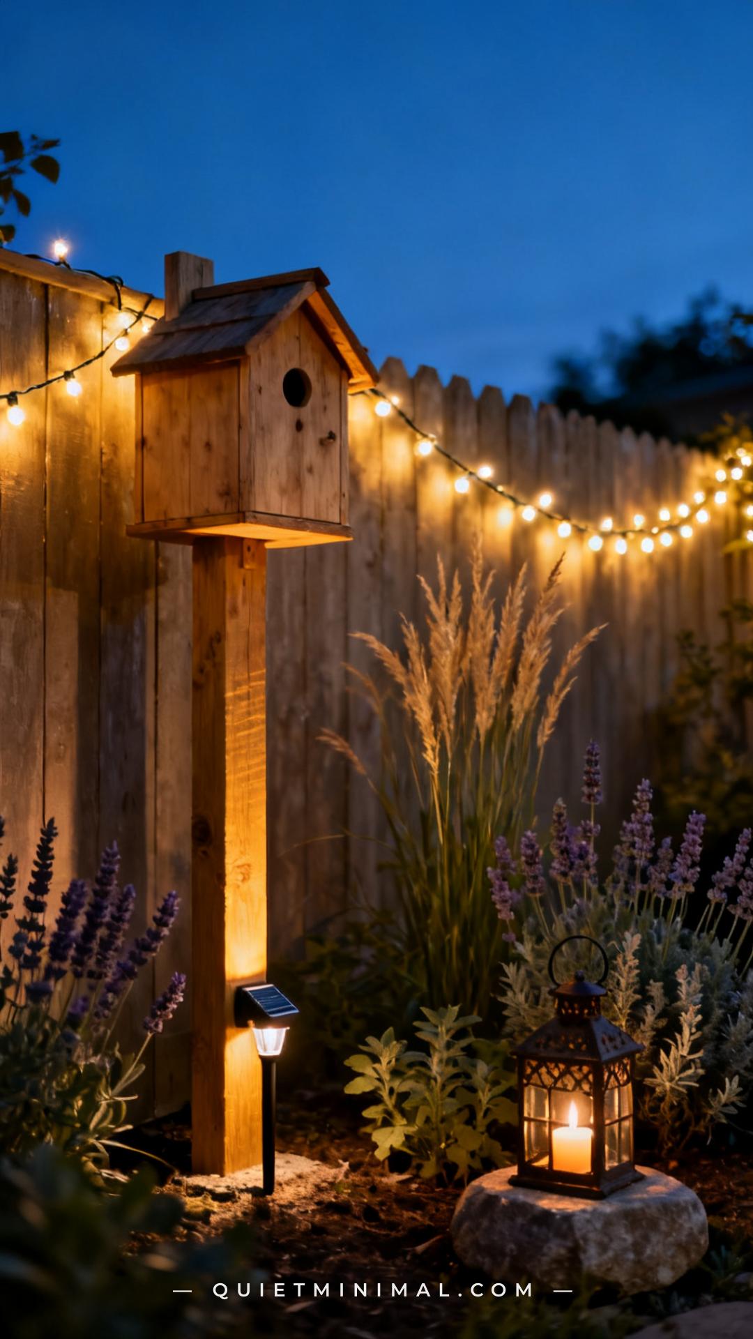 A vertical photograph of a garden corner in early dusk shows a wooden birdhouse on a post illuminated softly by a small