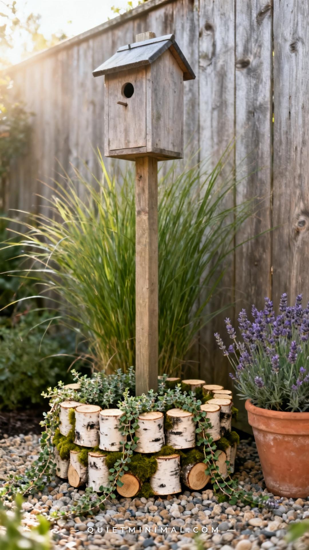 A medium-wide vertical photograph of a garden corner shows a birdhouse post wrapped at its base with a short length of n
