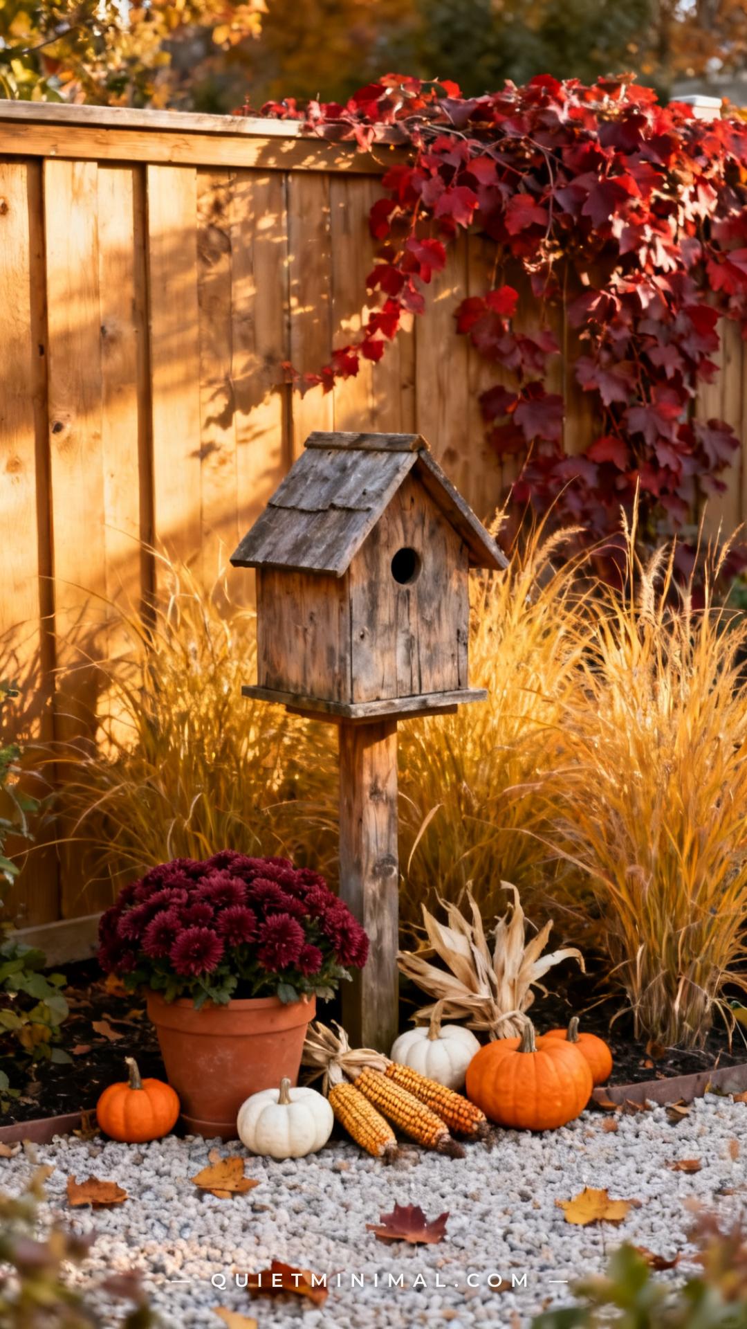 A wide vertical photograph captures a garden corner birdhouse vignette styled for autumn: the birdhouse is a weathered n