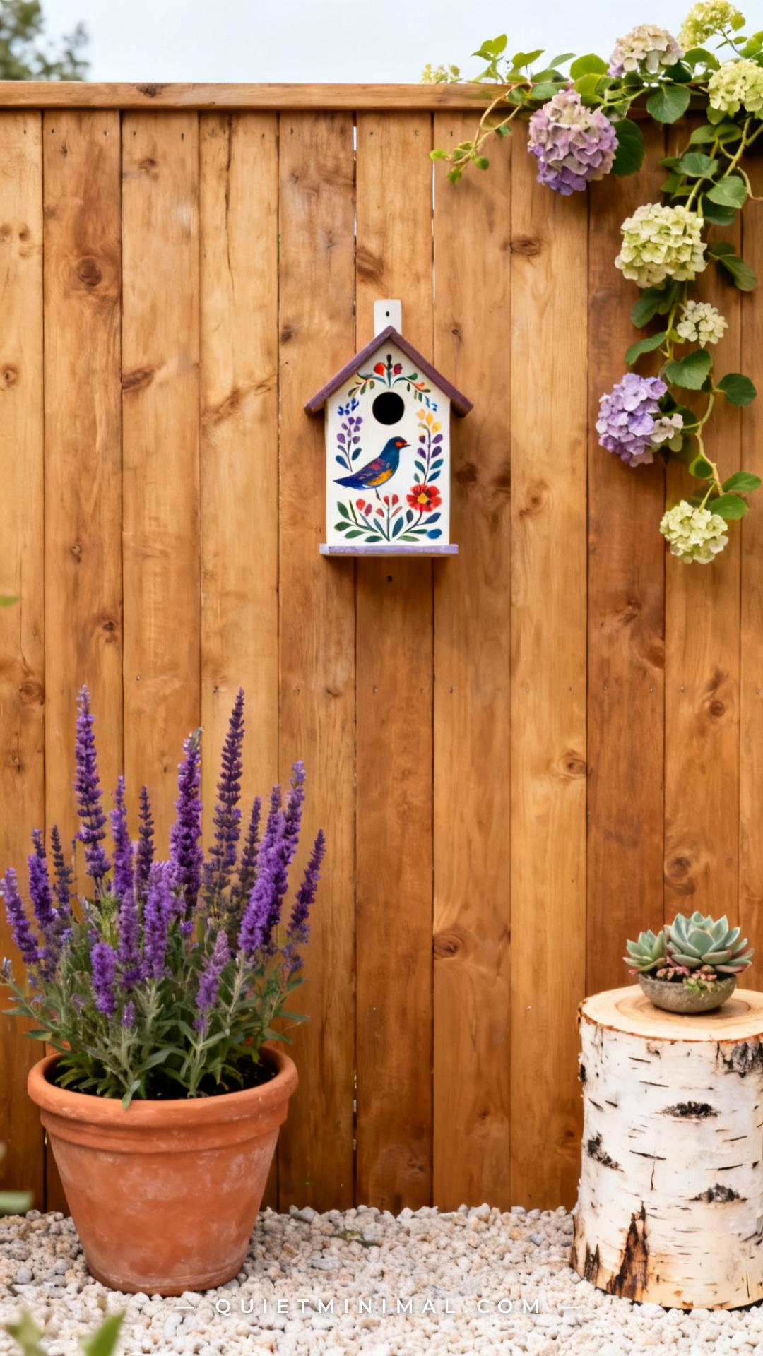A vertical establishing shot of a garden corner shows a hand-painted folk-art style birdhouse mounted against a full pan