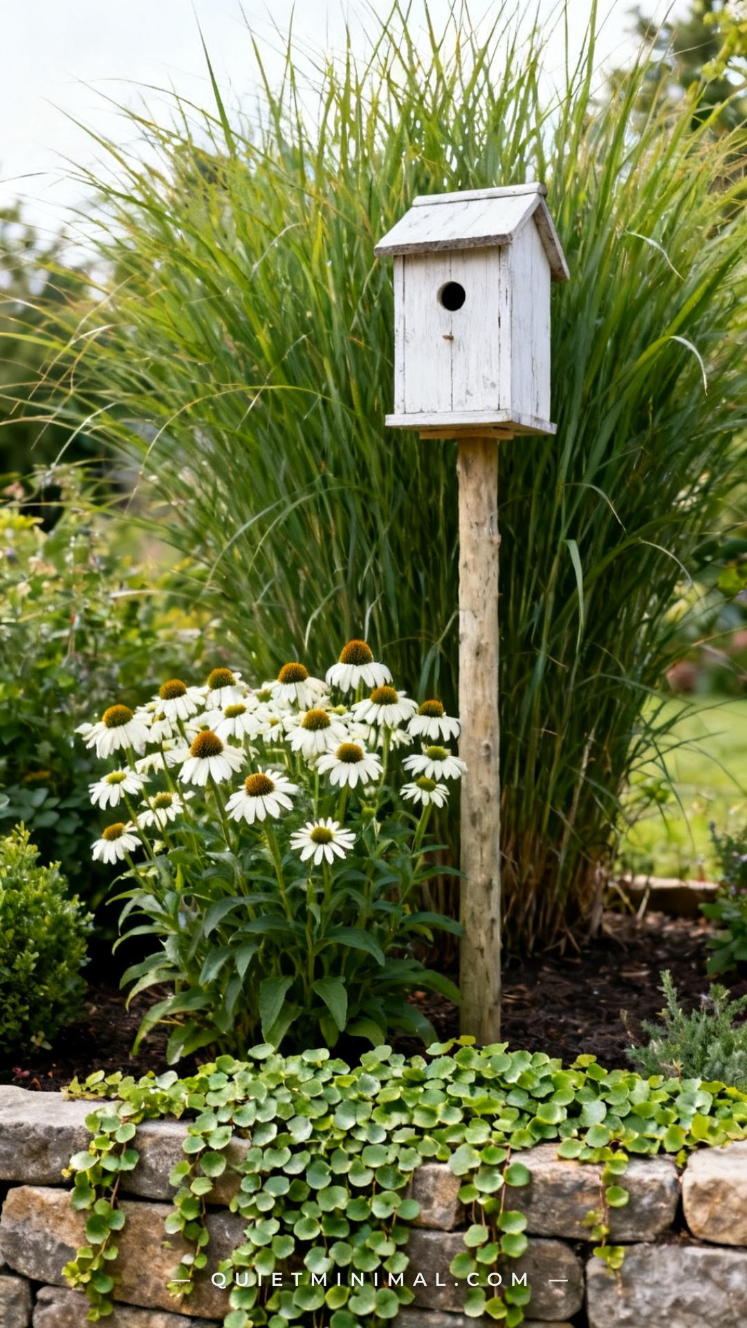A medium-wide vertical photograph shows a garden corner birdhouse vignette styled with three distinct plant height layer