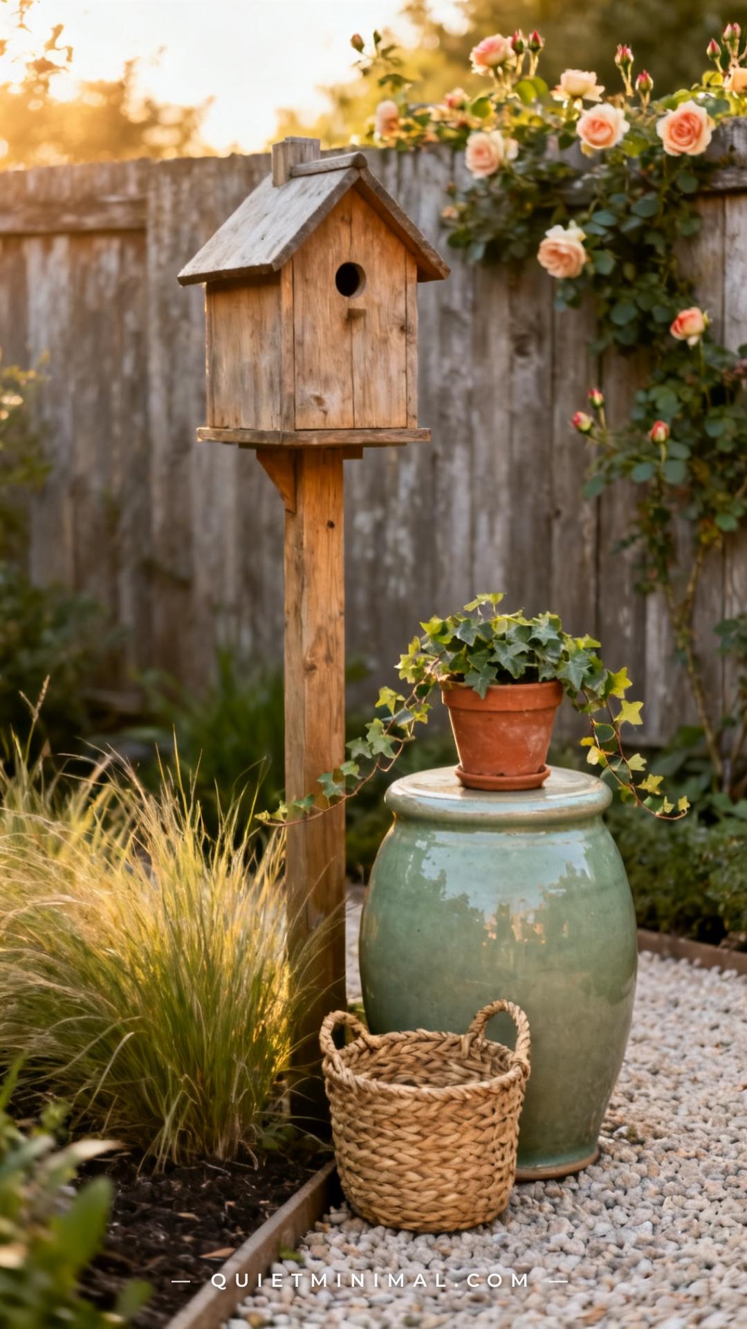 A wide vertical photograph of a quiet garden corner shows a wooden birdhouse on a post as the main focal object