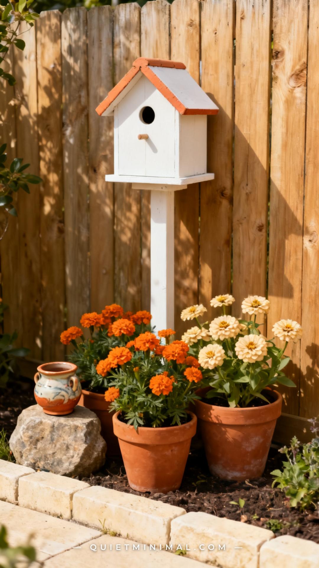 A vertical establishing shot captures a complete garden corner where the birdhouse