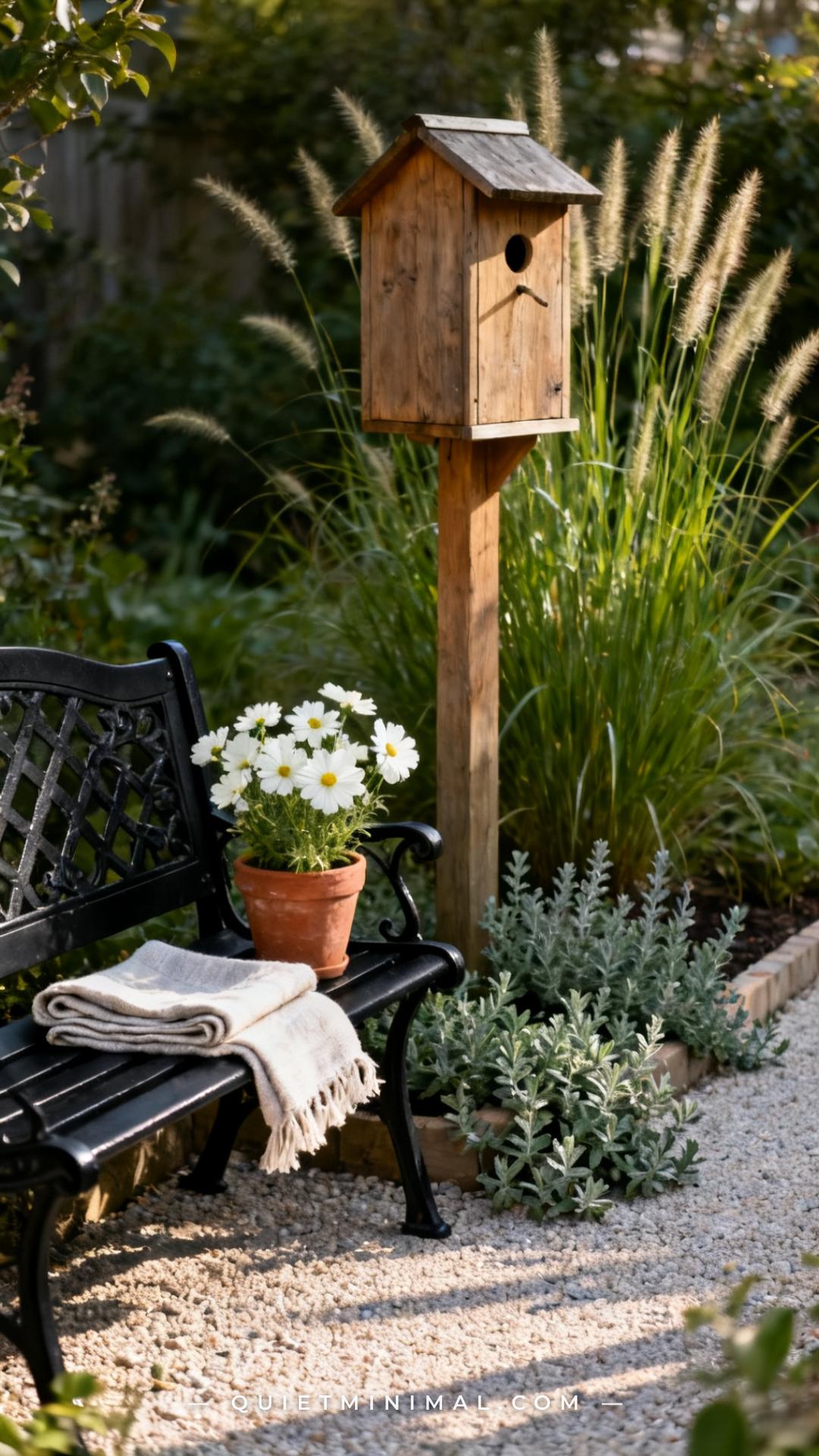 A medium-wide vertical photograph shows a compact garden corner where a classic wooden birdhouse on a post is paired wit