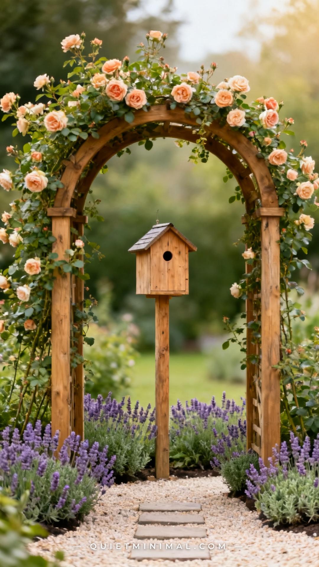 A wide vertical photograph captures a garden corner where a wooden birdhouse on a post stands inside the framing arch of