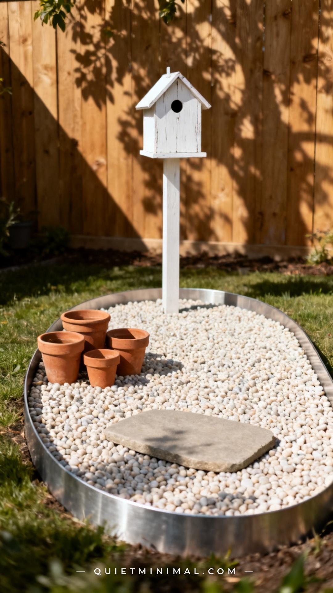 A vertical establishing shot of a complete garden corner shows the ground plane defined by a neatly edged oval of pale p