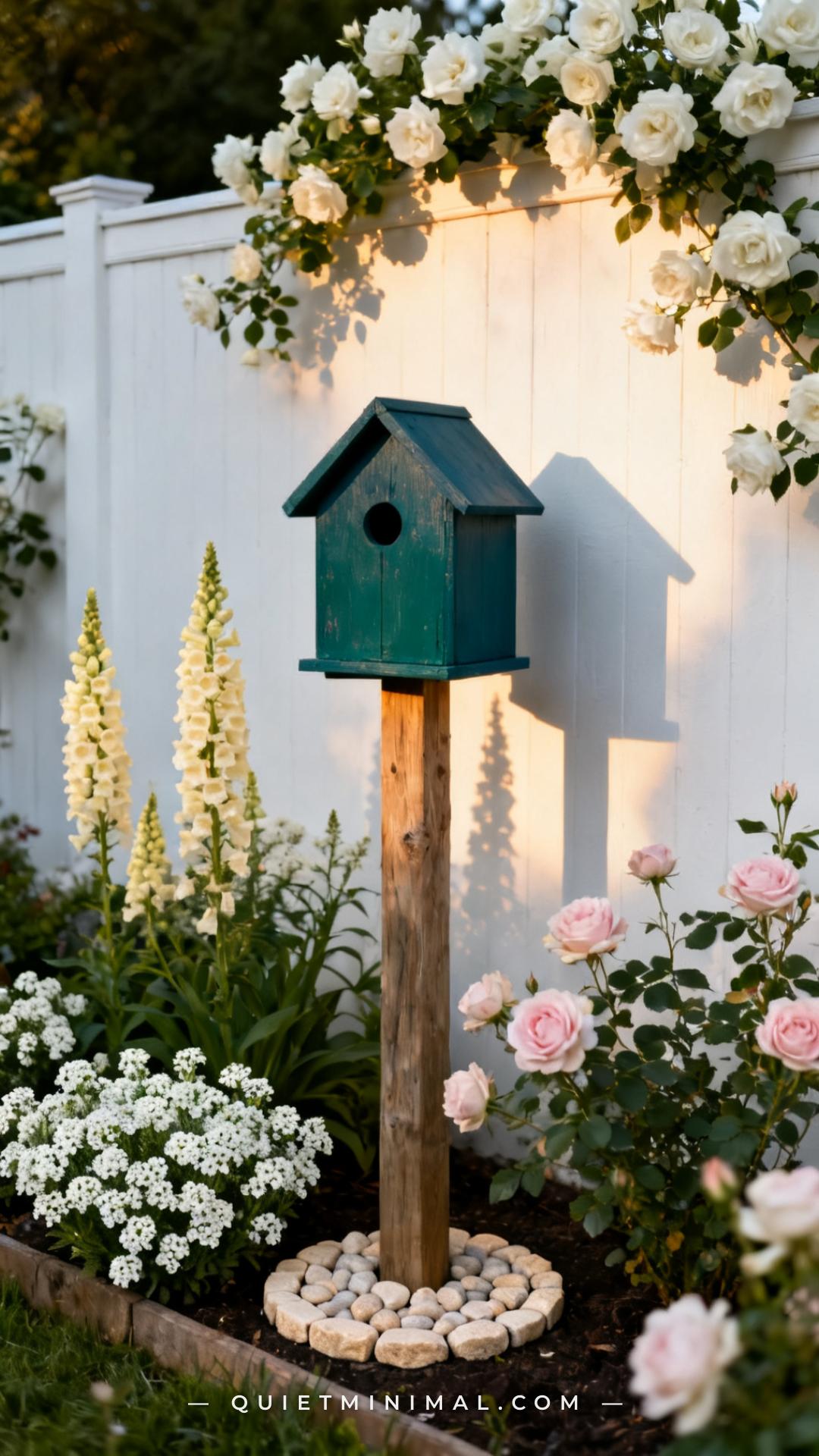 A medium-wide vertical photograph shows a hand-painted birdhouse in a deep dusty blue-green color