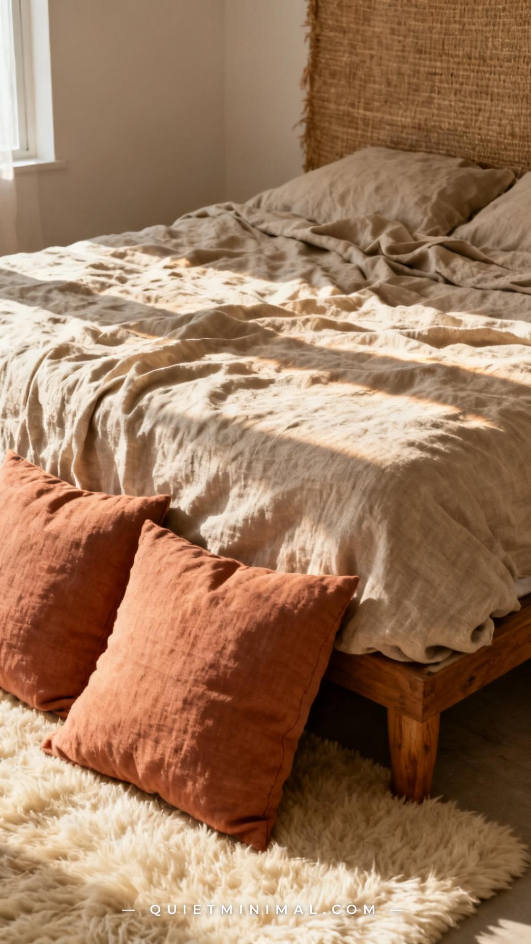 A vertical photograph captures the whole bed as the anchor of a calm bohemian bedroom