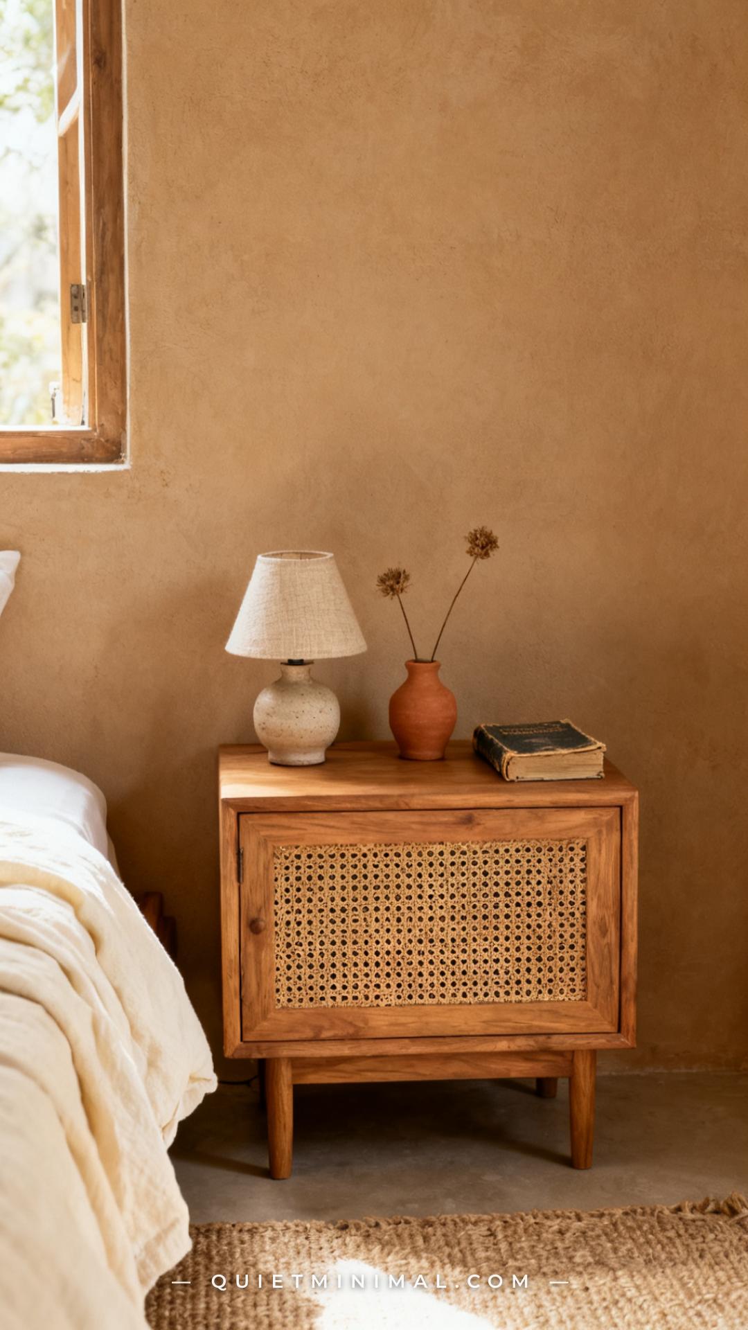A vertical photograph captures a medium-wide view of a bohemian bedroom nightstand and the wall immediately behind and b