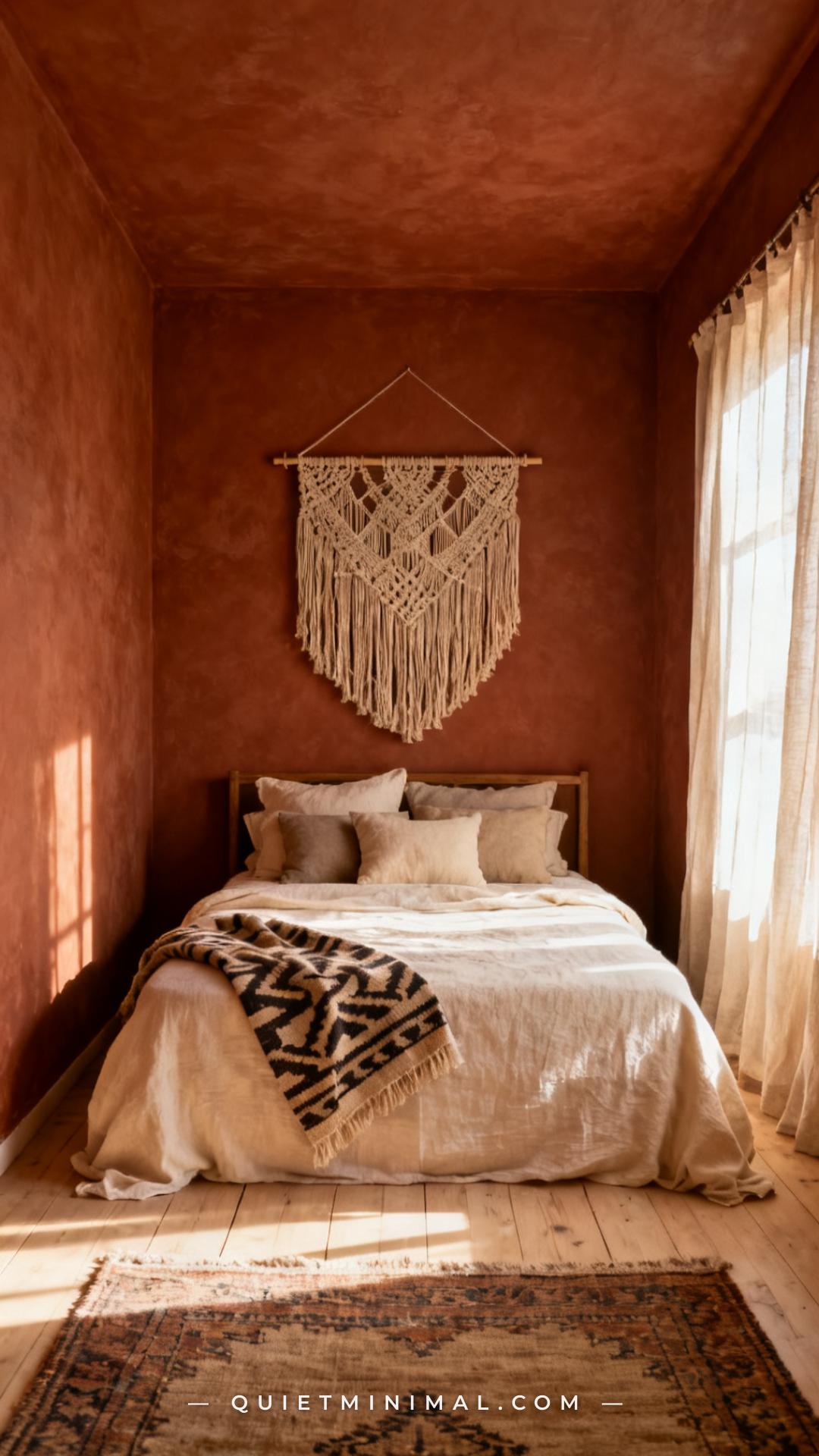 A vertical photograph captures an establishing wide-angle view of a complete calm bohemian bedroom