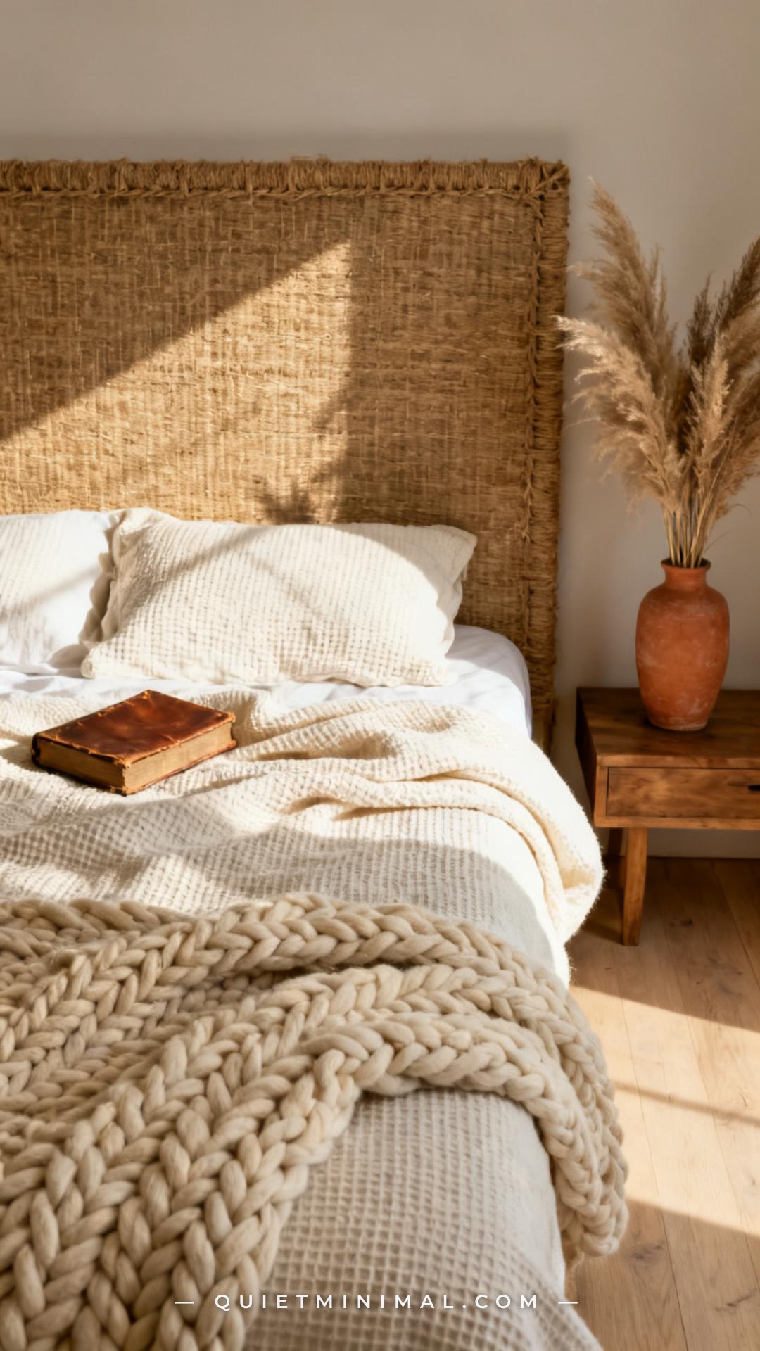 A vertical photograph captures a medium-wide view of a styled bohemian bed
