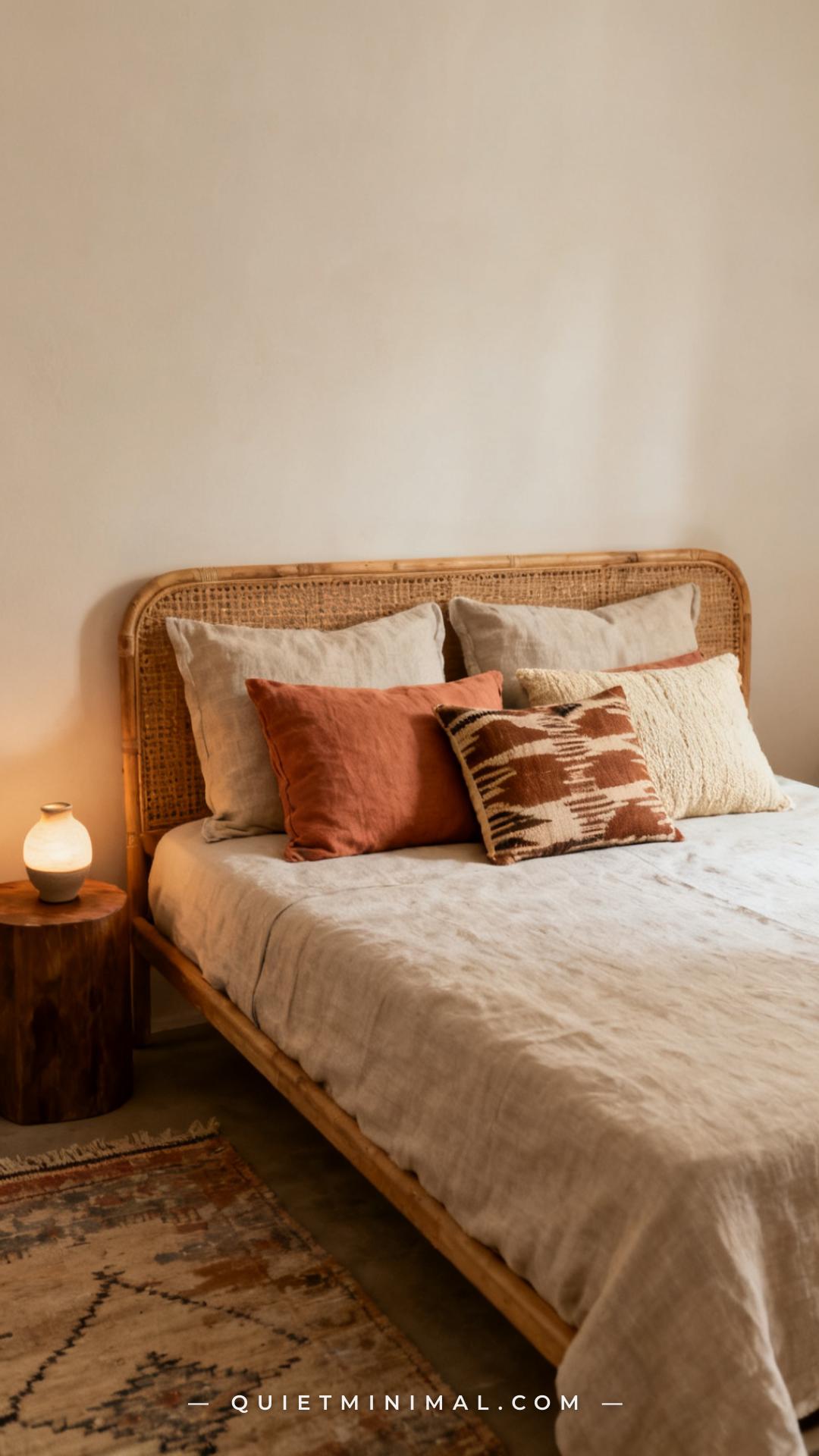 A vertical photograph captures the full width of a bohemian bed in a calm bedroom