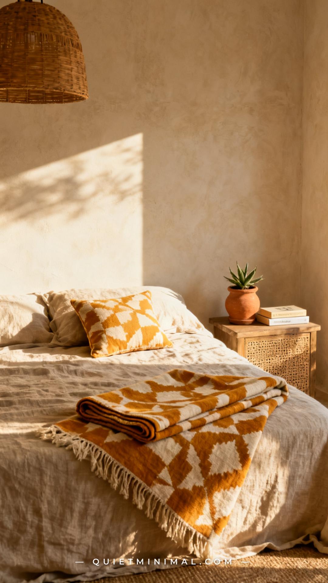 A vertical photograph captures a medium-wide establishing shot of a styled bohemian bed and the wall behind it in a warm