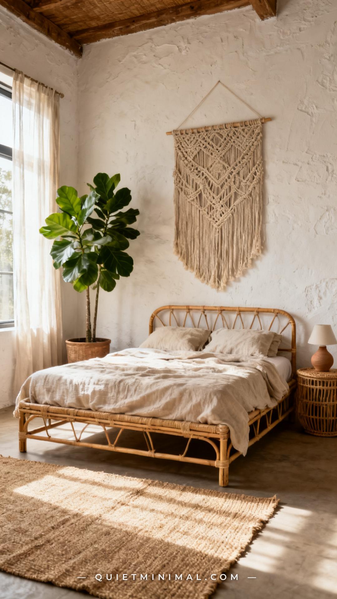 A vertical photograph captures the full room view of a calm bohemian bedroom built around a low-profile rattan bed frame