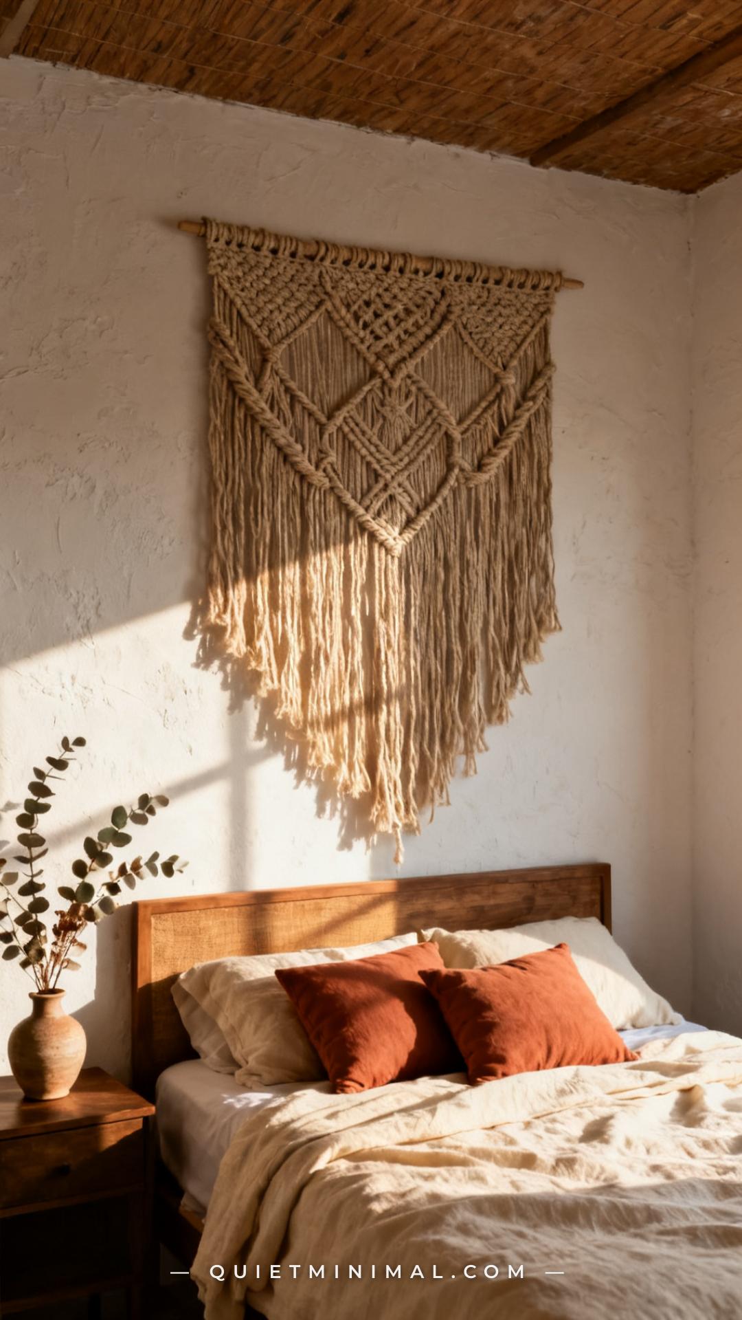 A vertical photograph captures an establishing shot of a bohemian bedroom wall above a bed