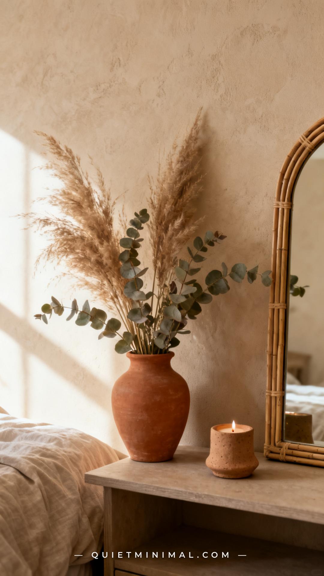 A vertical photograph captures a medium-wide view of a bohemian bedroom's right-side nightstand area