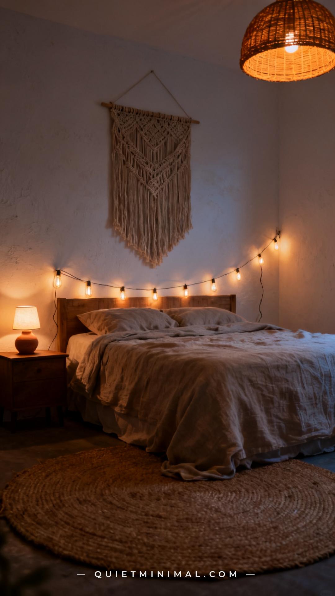 A vertical photograph captures the full ambiance of a calm bohemian bedroom at dusk