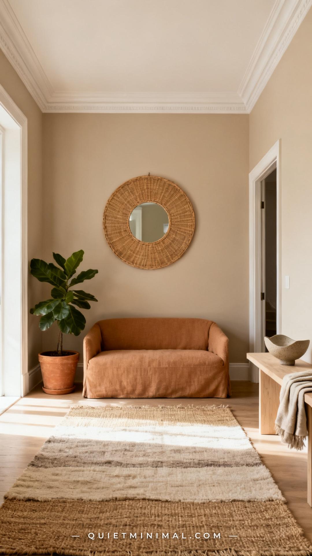 A wide-angle vertical photograph of a living room featuring floor-to-ceiling walls in Sherwin-Williams Accessible Beige