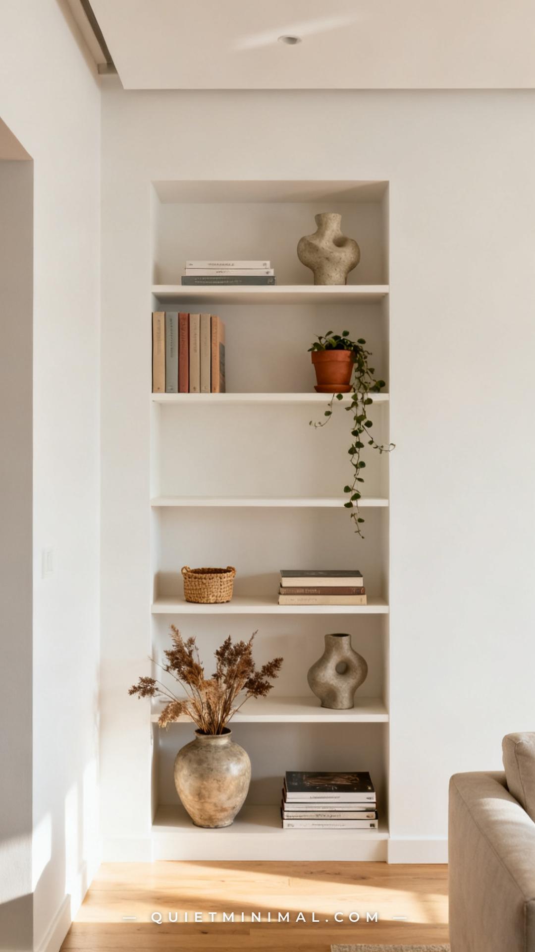 A wide vertical photograph showing a full built-in or freestanding bookshelf — five shelves total — positioned against a
