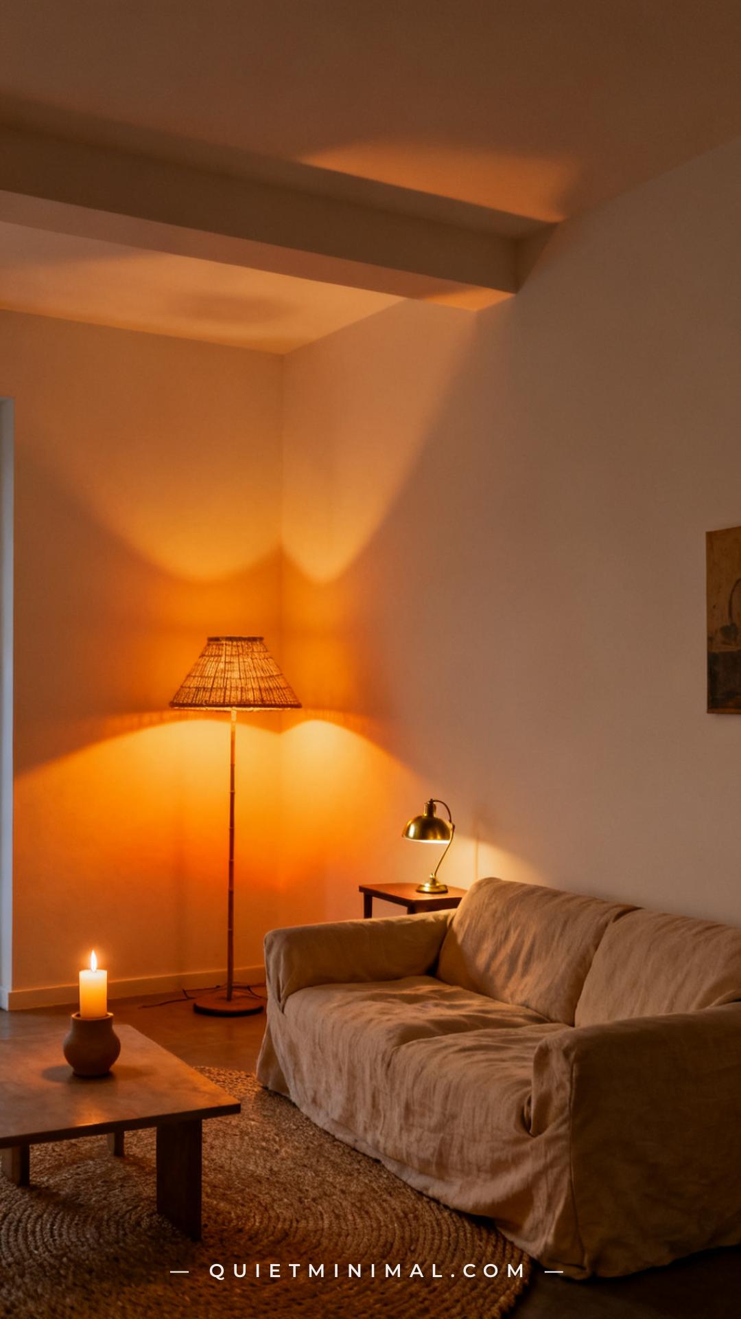 A wide vertical photograph of a living room in early evening showing three distinct warm light sources layered across th
