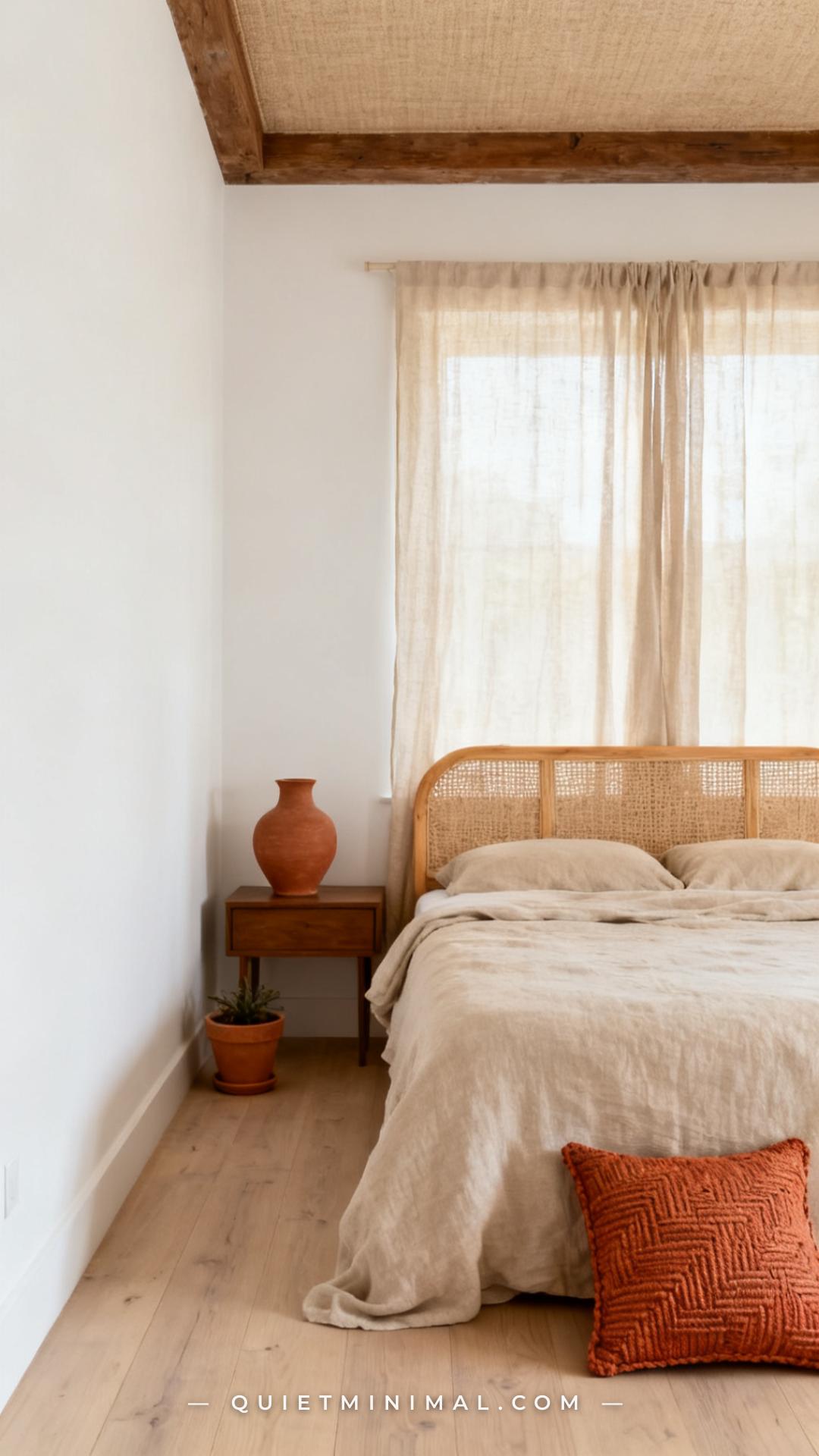 A wide vertical photograph of a bedroom that demonstrates a tight three-color palette — warm white walls