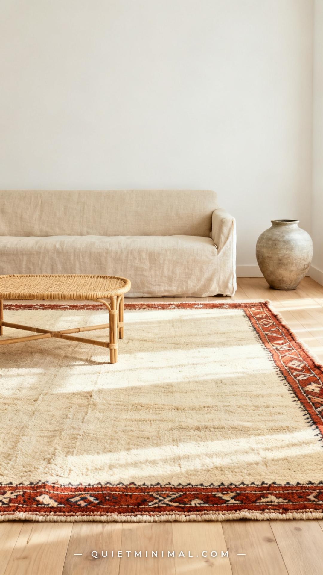 A wide vertical photograph of a living room with one clearly global accent: a single Moroccan-style hand-knotted rug in