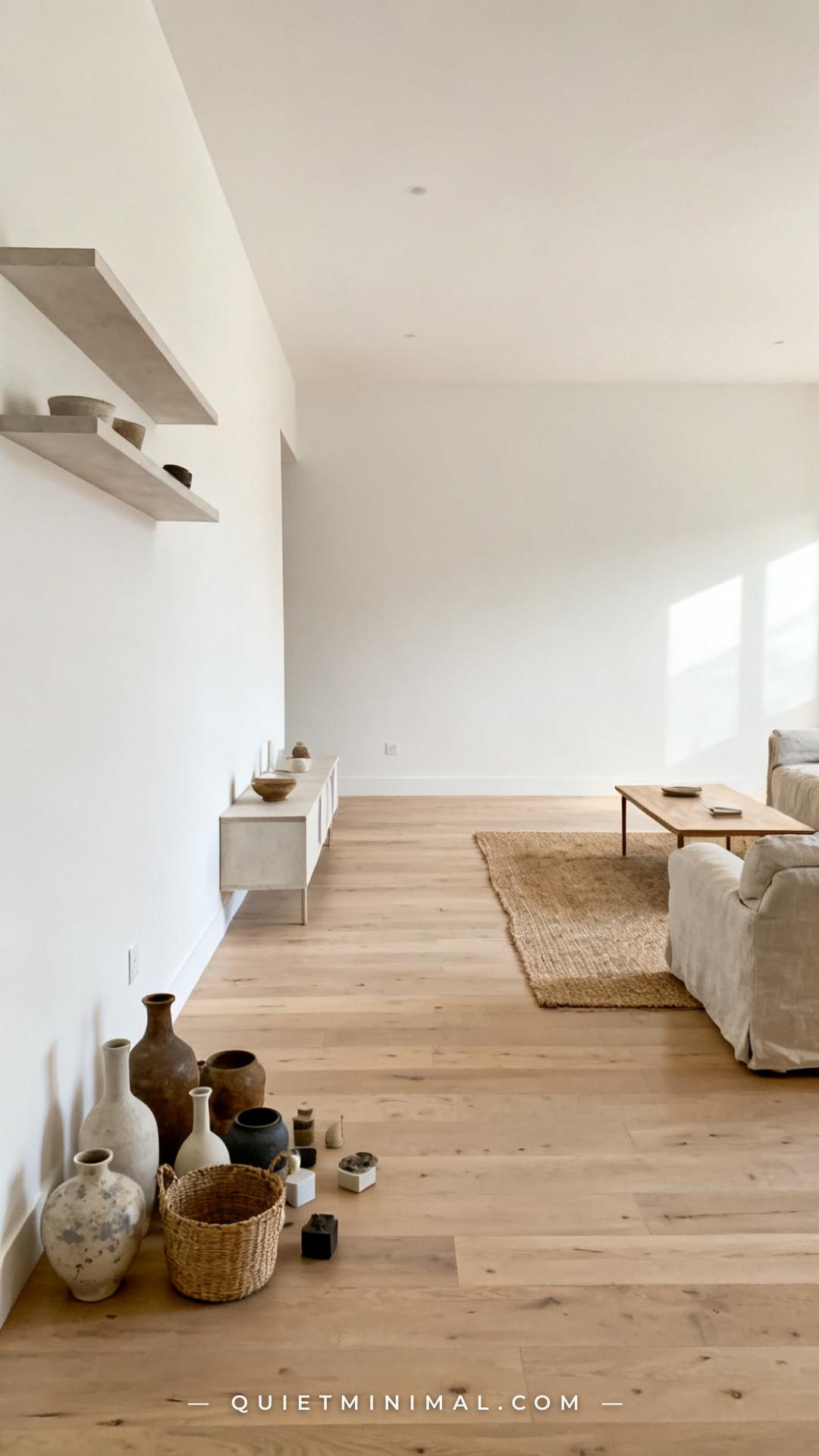 A wide vertical photograph of a living room mid-edit — one half of the room's surface objects have been removed and are