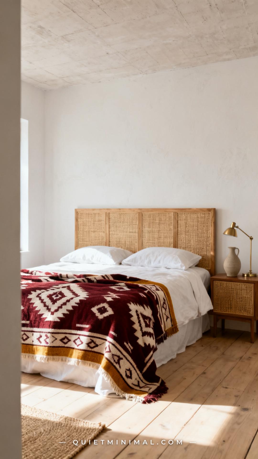 A vertical establishing shot of a bedroom showing a full bed dressed with one bold