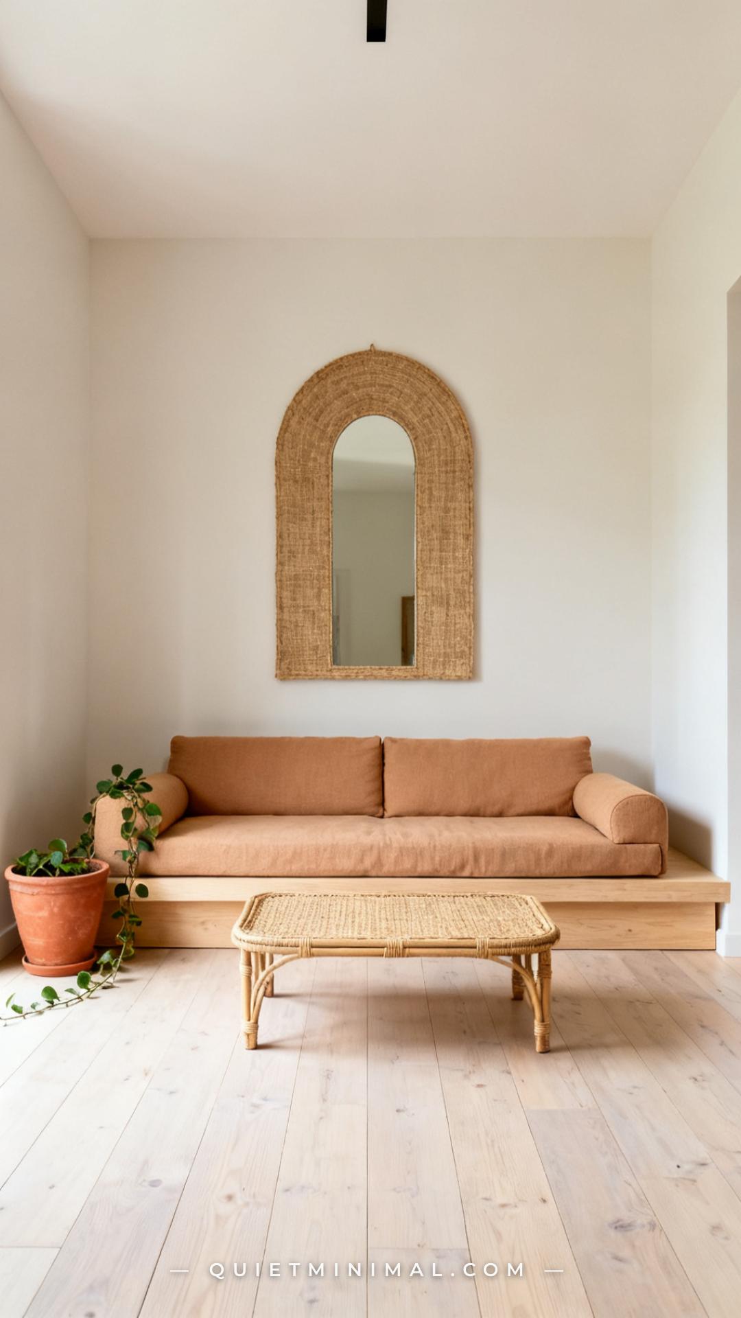 A wide vertical photograph of a living room featuring a low-profile platform sofa in warm oatmeal linen