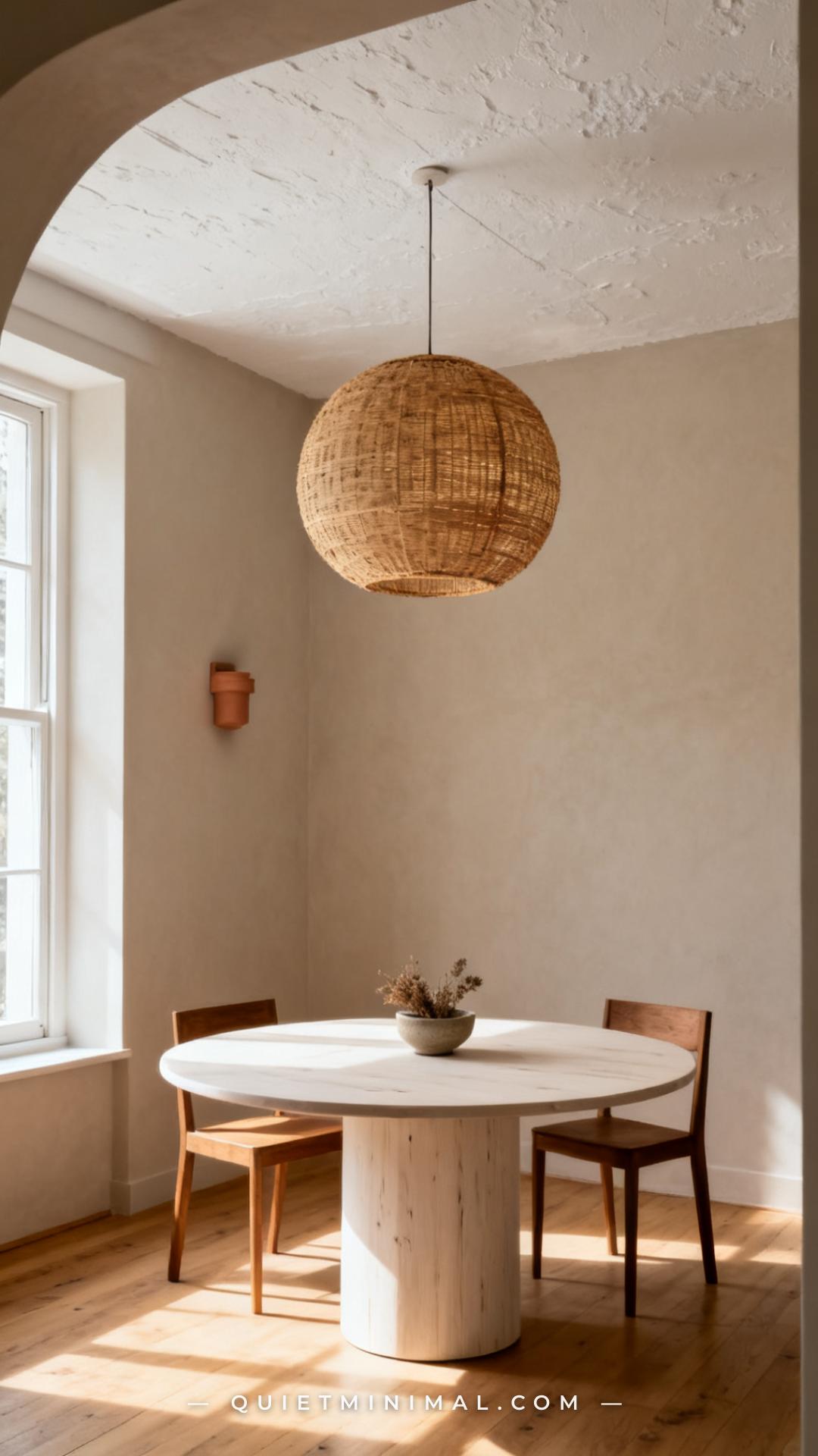 A wide vertical photograph showing the full interior of a dining area with a round rattan pendant light hanging centrall