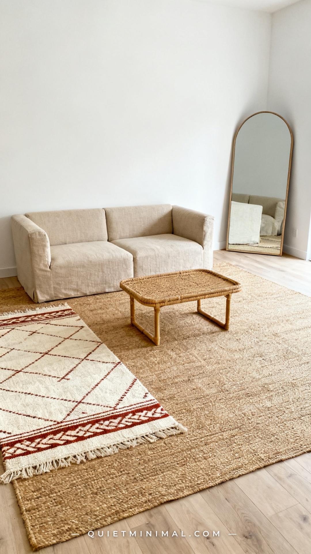 A vertical establishing shot of a living room floor showing a large