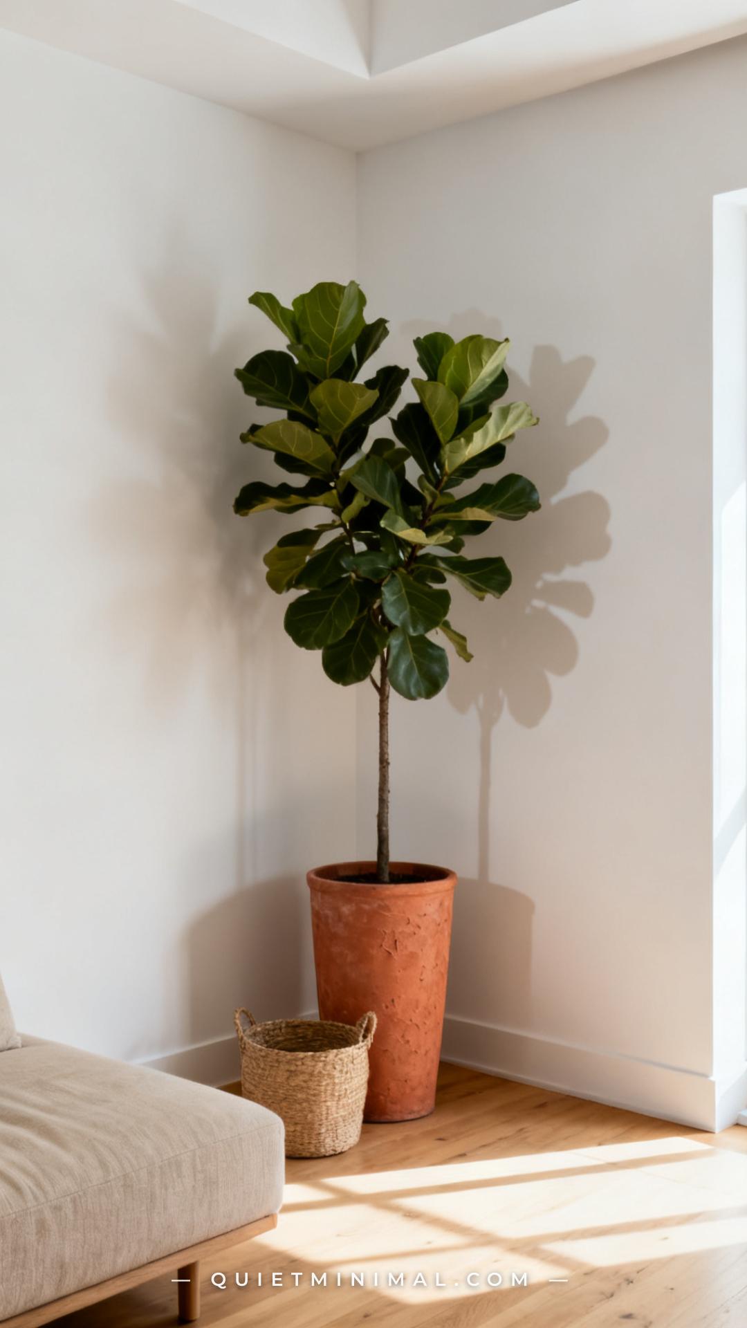 A wide vertical photograph of a living room corner showing a single large fiddle-leaf fig tree in a tall