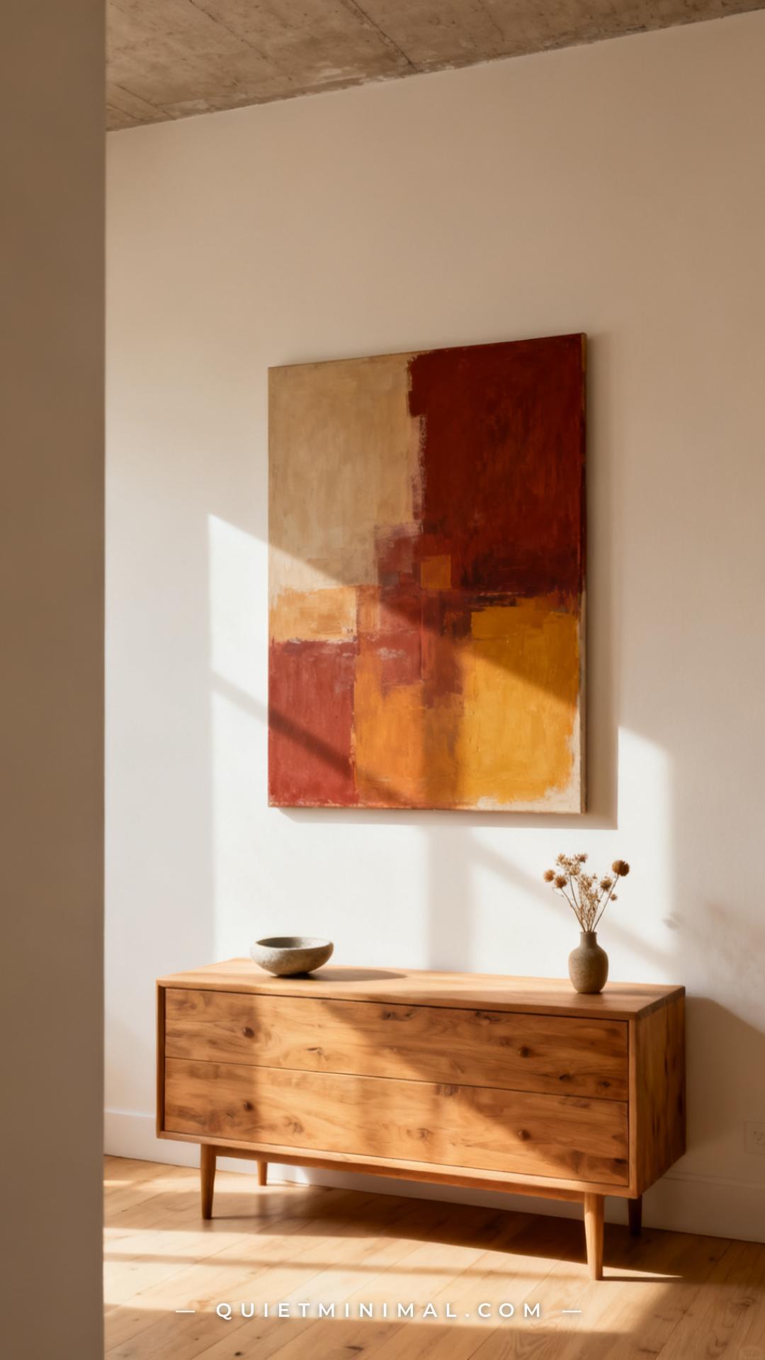 A vertical wide-angle photograph of a bedroom wall showing a single large-format piece of wall art hung at center — a si