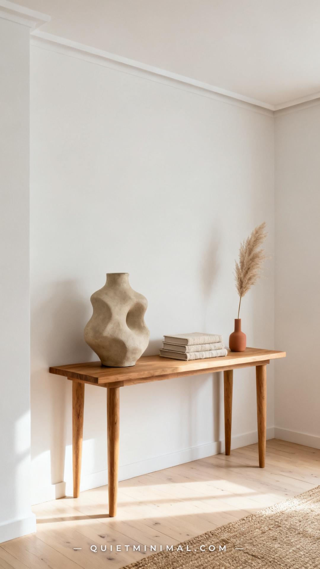 A wide establishing shot of a living room console table positioned against a warm white wall