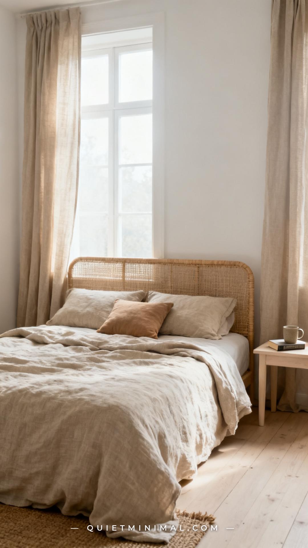 A wide vertical photograph of a bedroom showing a bed dressed entirely in natural linen — an unstructured oatmeal linen