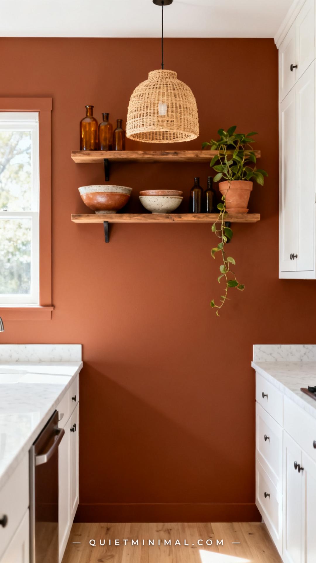 A vertical photograph captures the full view of a compact bohemian kitchen