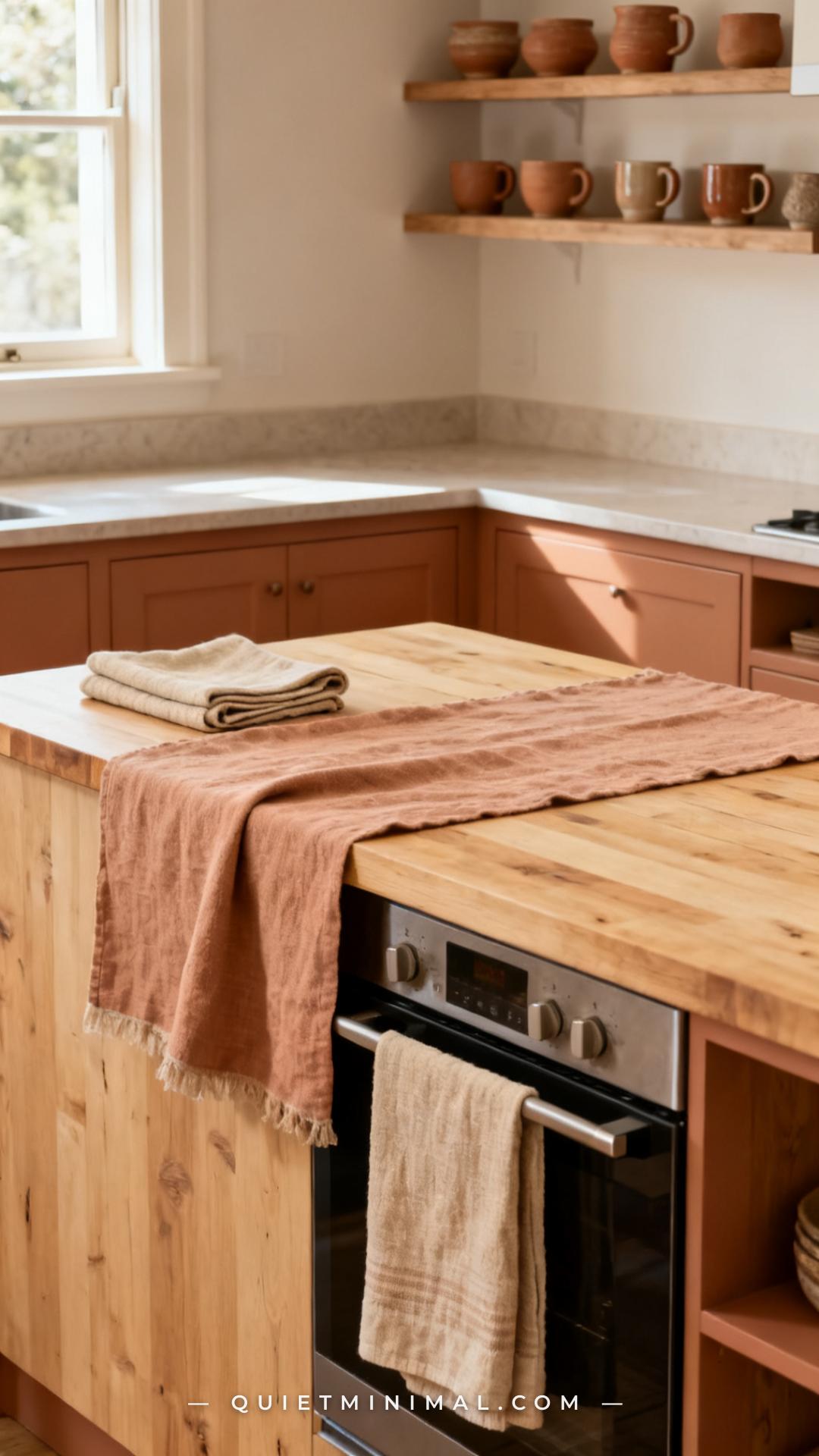 A vertical photograph captures a wide kitchen scene focusing on the textile elements — a sand-colored linen hand towel h