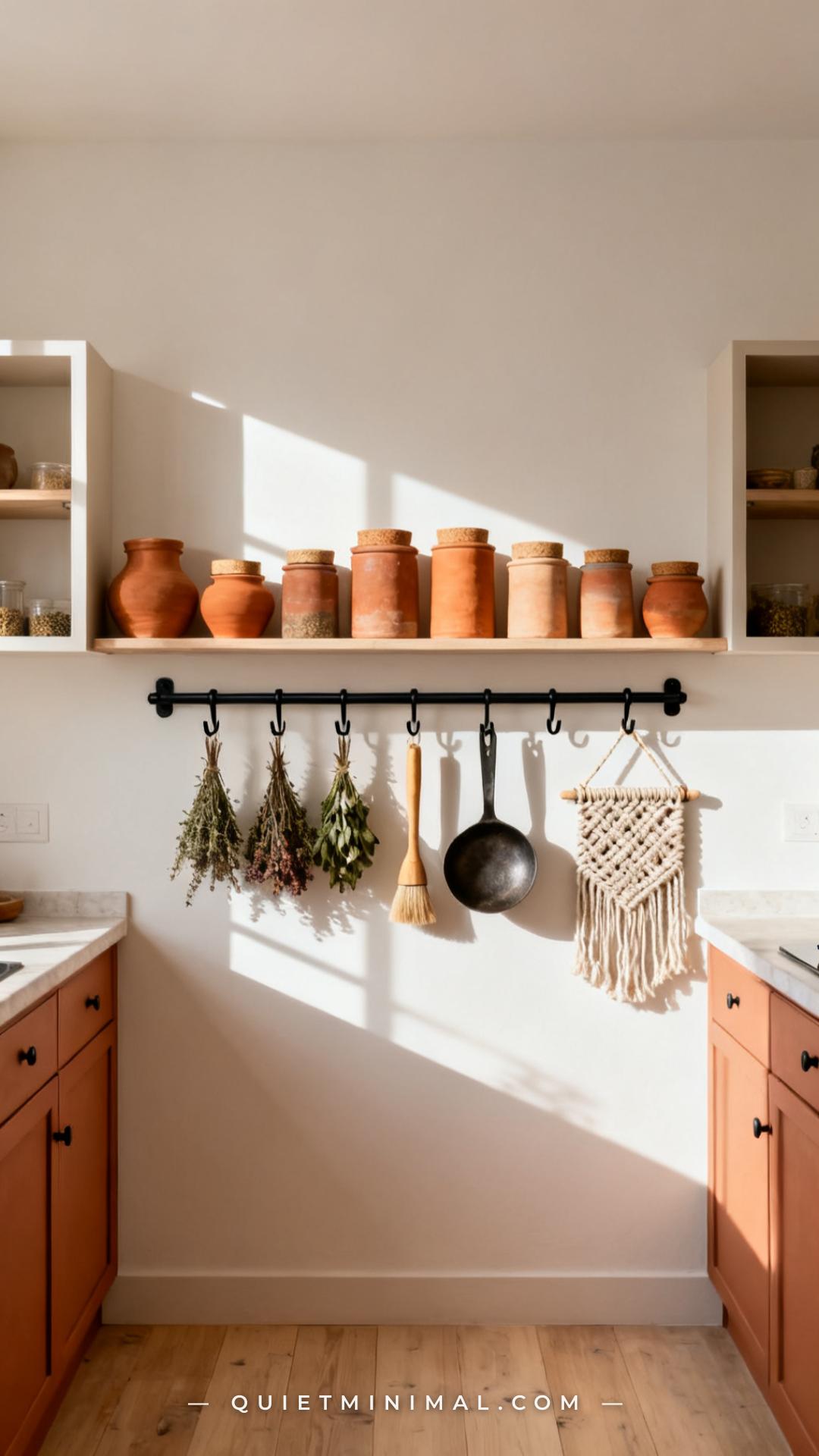 A vertical photograph captures a wide view of a dedicated spice and utensil wall section in a bohemian kitchen