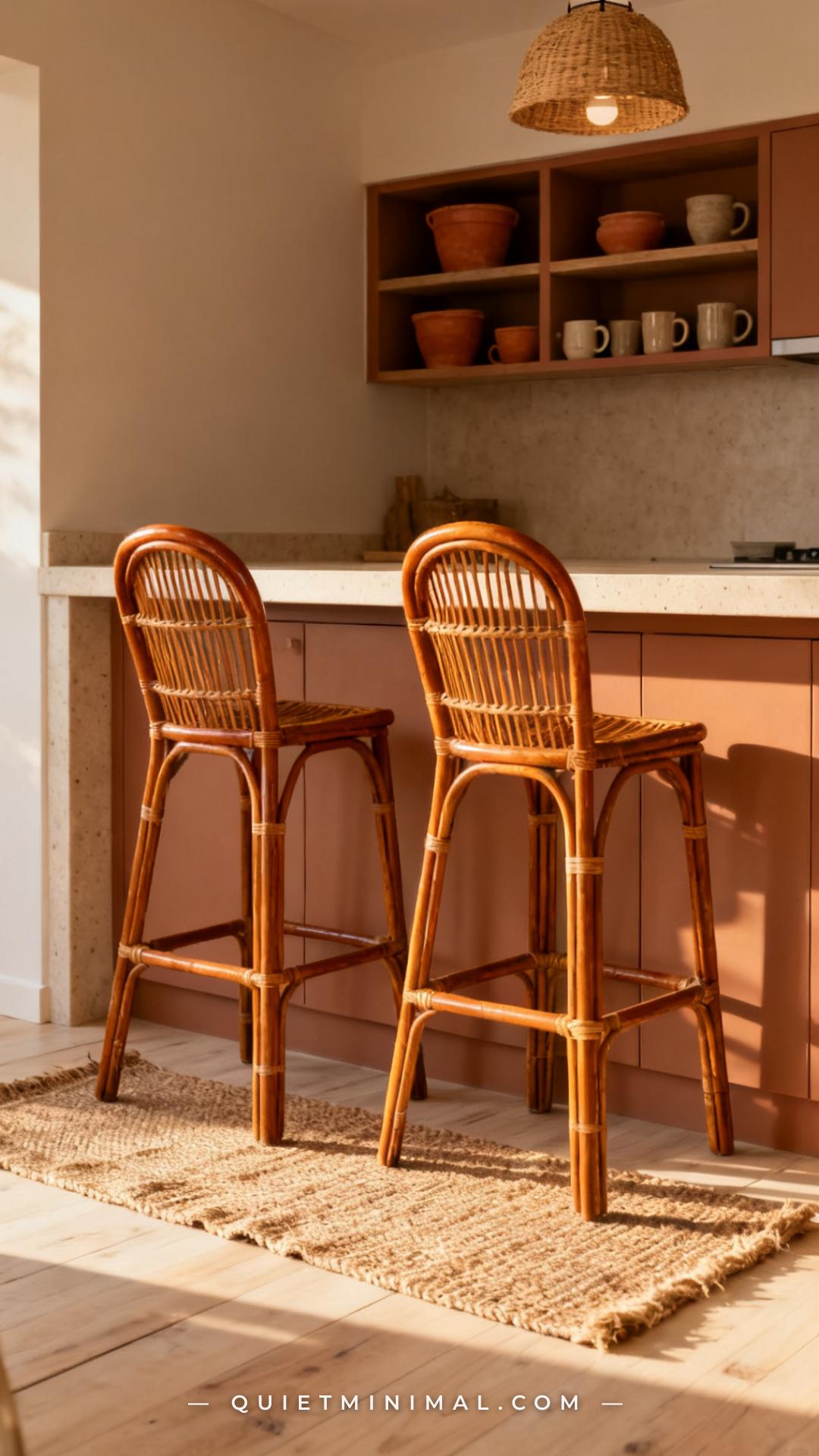 A vertical photograph captures a medium-wide view of a bohemian kitchen island scene