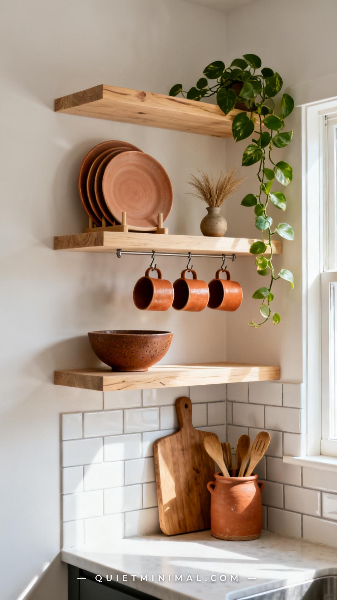 A vertical photograph captures an establishing shot of a full section of open kitchen shelving mounted on a warm white w