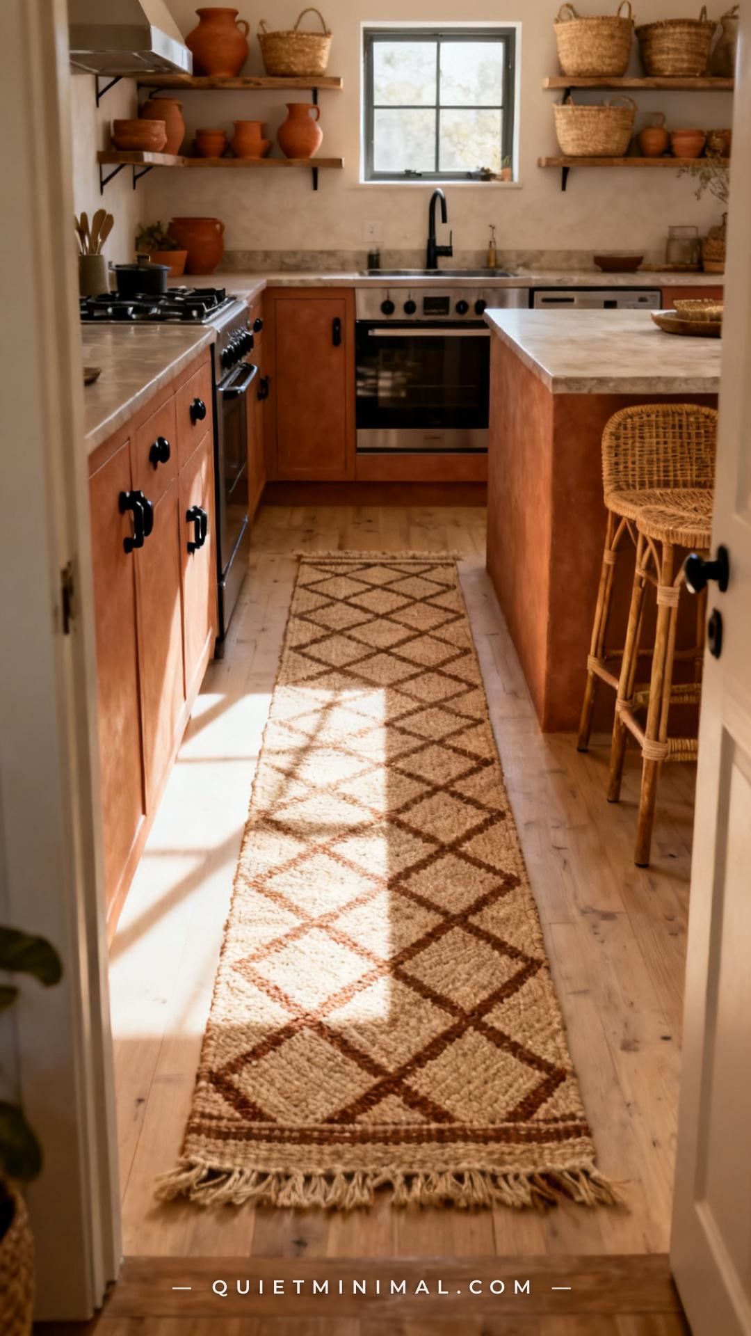 A vertical photograph captures a wide-angle view of a bohemian kitchen from just inside the doorway