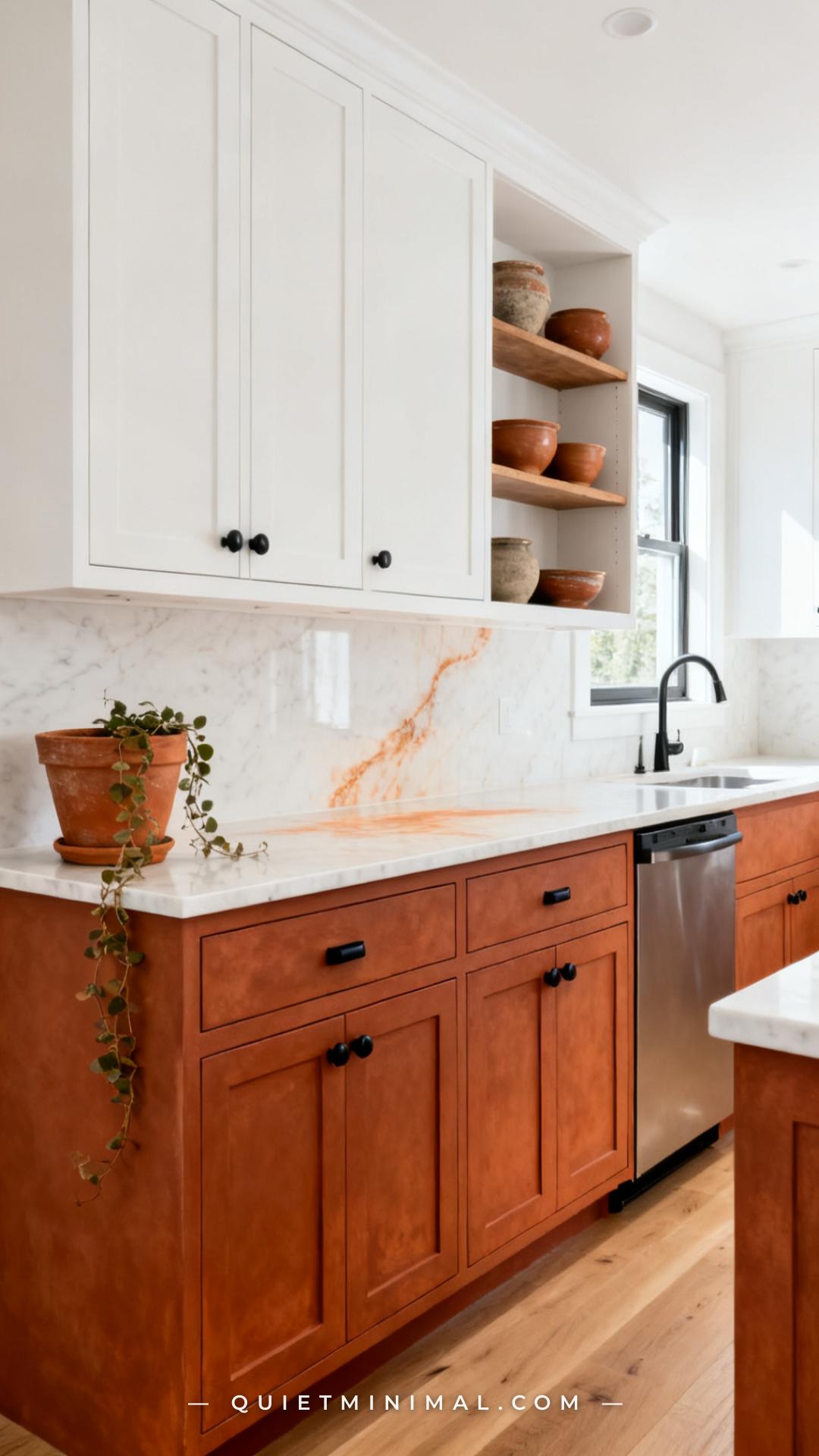 A vertical photograph captures a wide kitchen view with the camera positioned at the far end